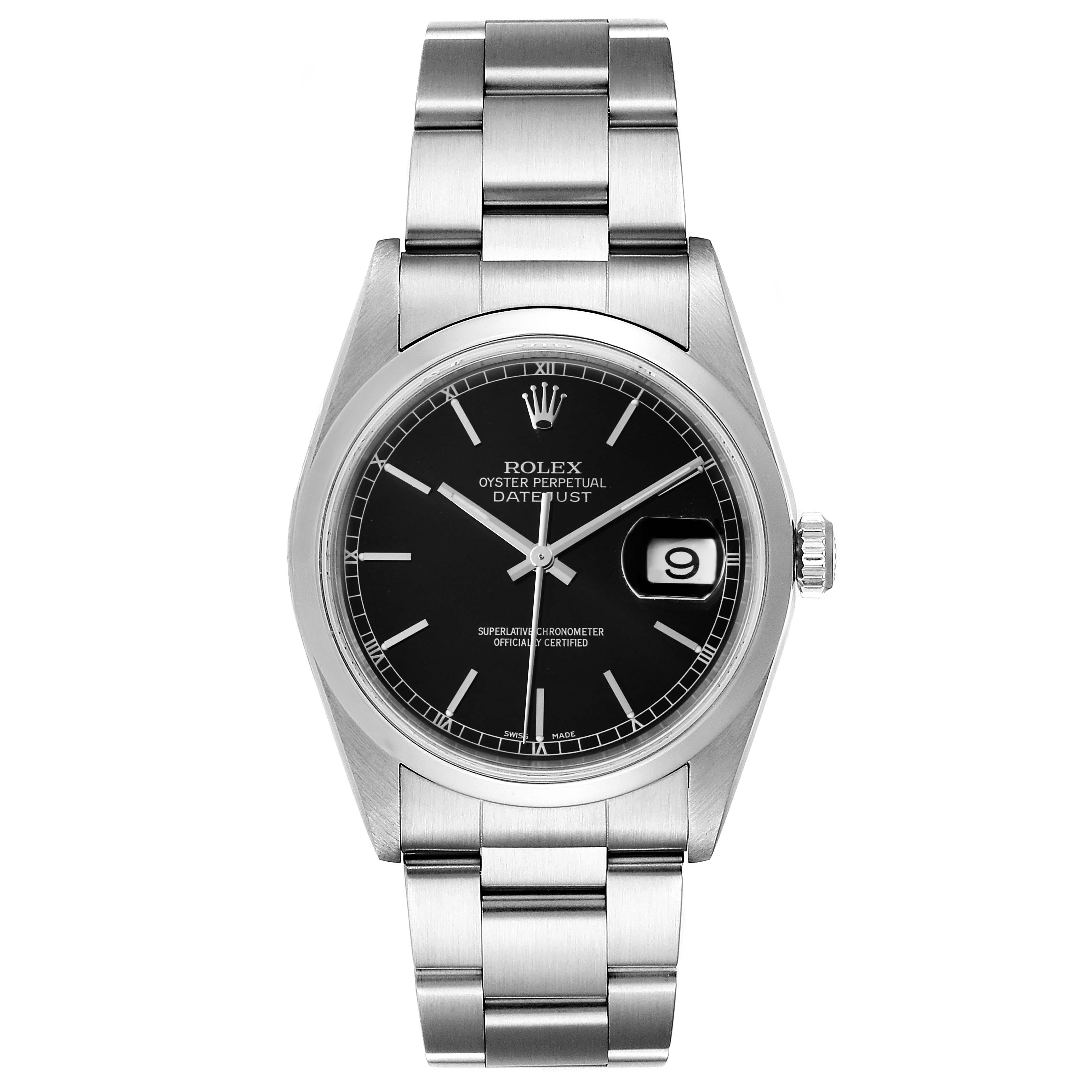 This image shows a front view of a Rolex Datejust 16200 Men's Stainless Steel Black Dial 16200 Men's Stainless Steel Black Dial watch, highlighting the black dial, date window, and stainless steel bracelet.