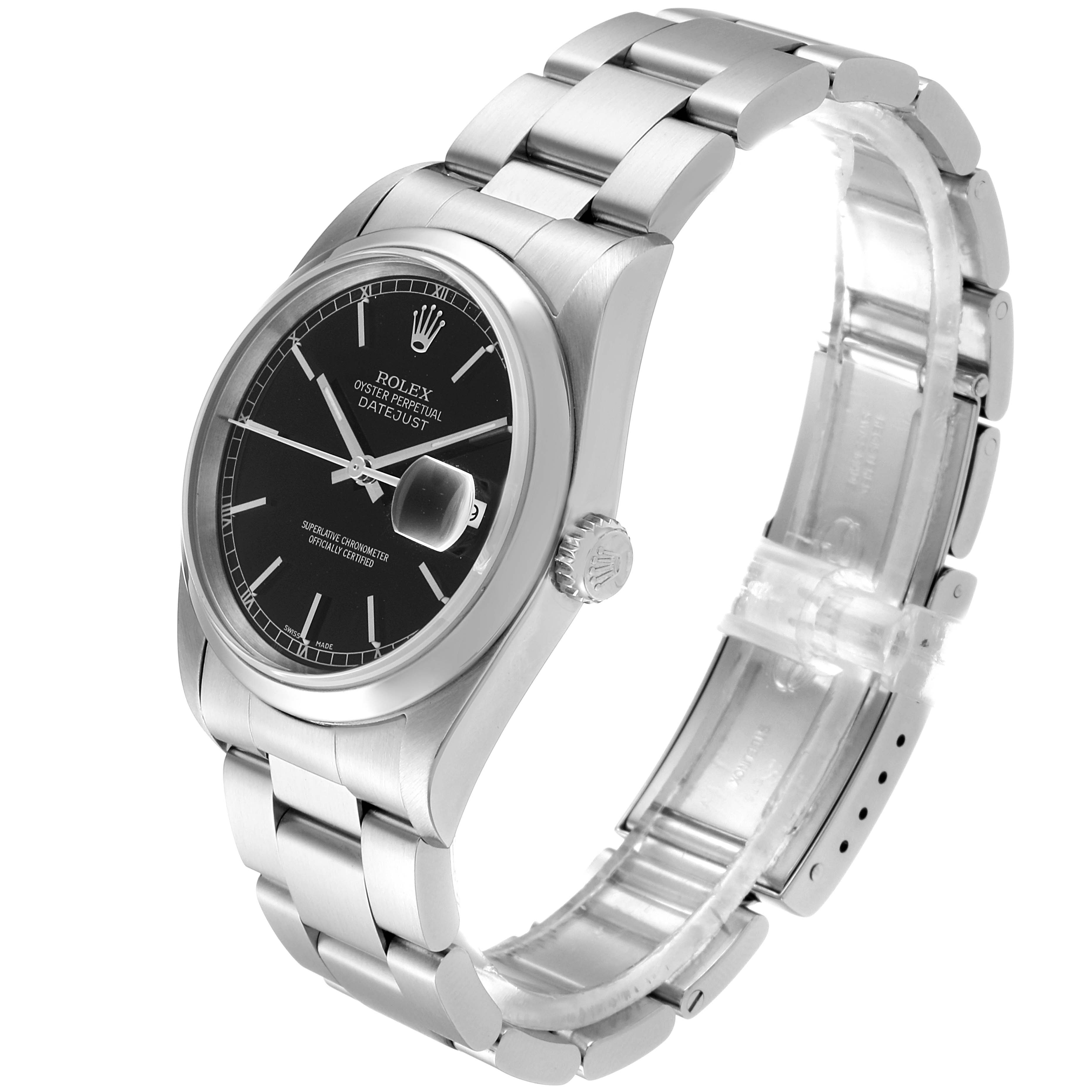 The Rolex Datejust 16200 Men's Stainless Steel Black Dial 16200 Men's Stainless Steel Black Dial watch is shown from an angled side view, highlighting the face, crown, and bracelet.