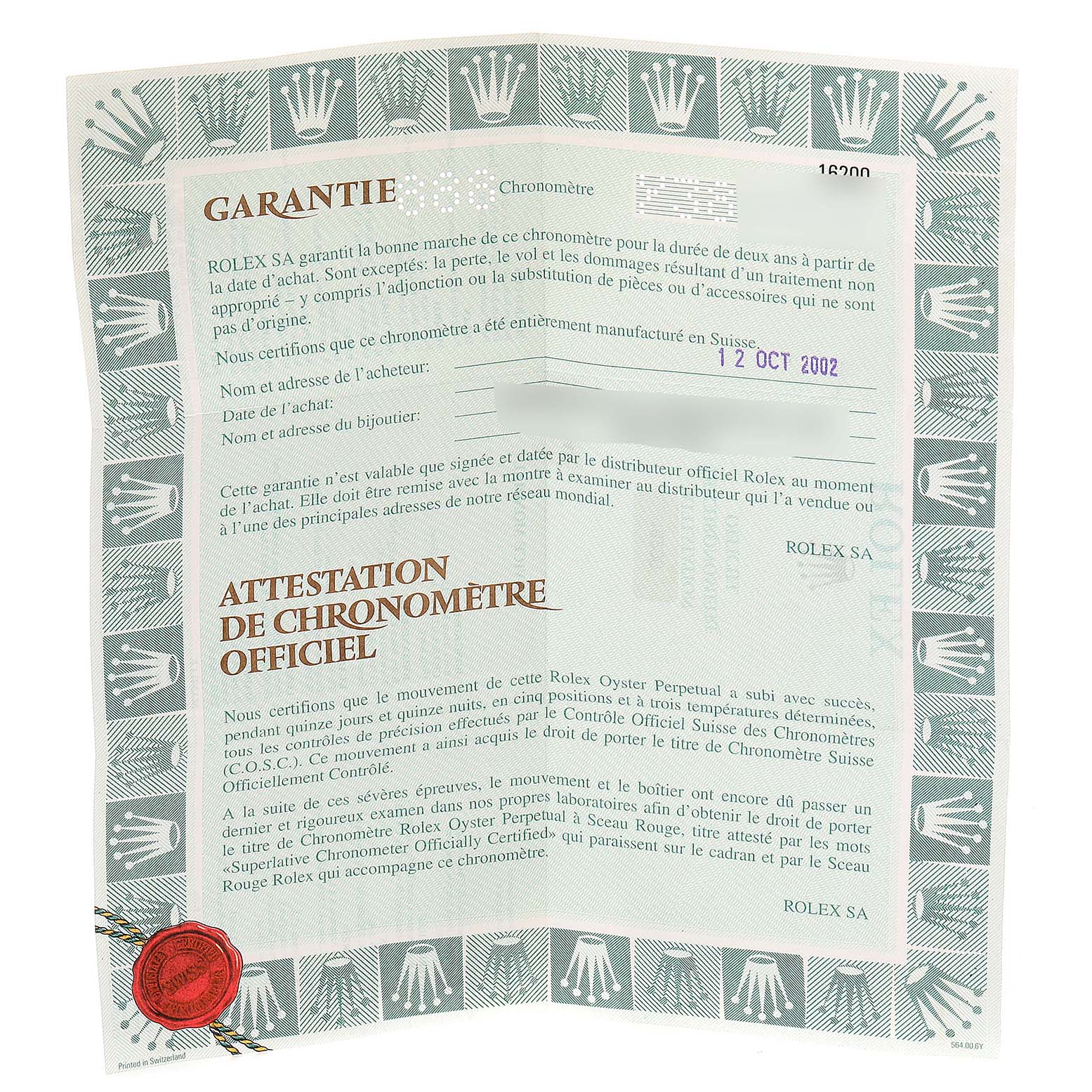 This image shows the official warranty and chronometer certification for the Rolex Datejust 16200 Men's Stainless Steel Black Dial 16200 Men's Stainless Steel Black Dial model.