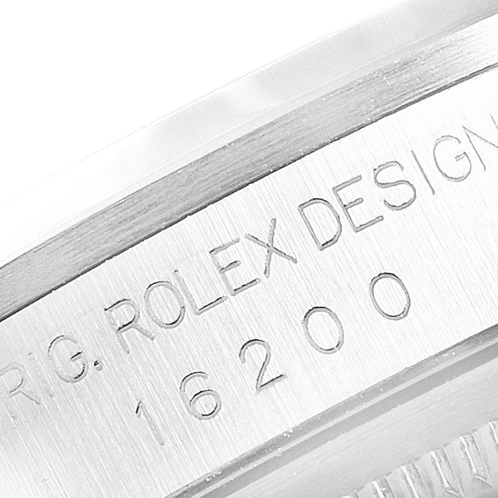 This image shows a close-up of the engraving on the case side of the Rolex Datejust 16200 Men's Stainless Steel Black Dial 16200 Men's Stainless Steel Black Dial model, revealing the model number 16200.