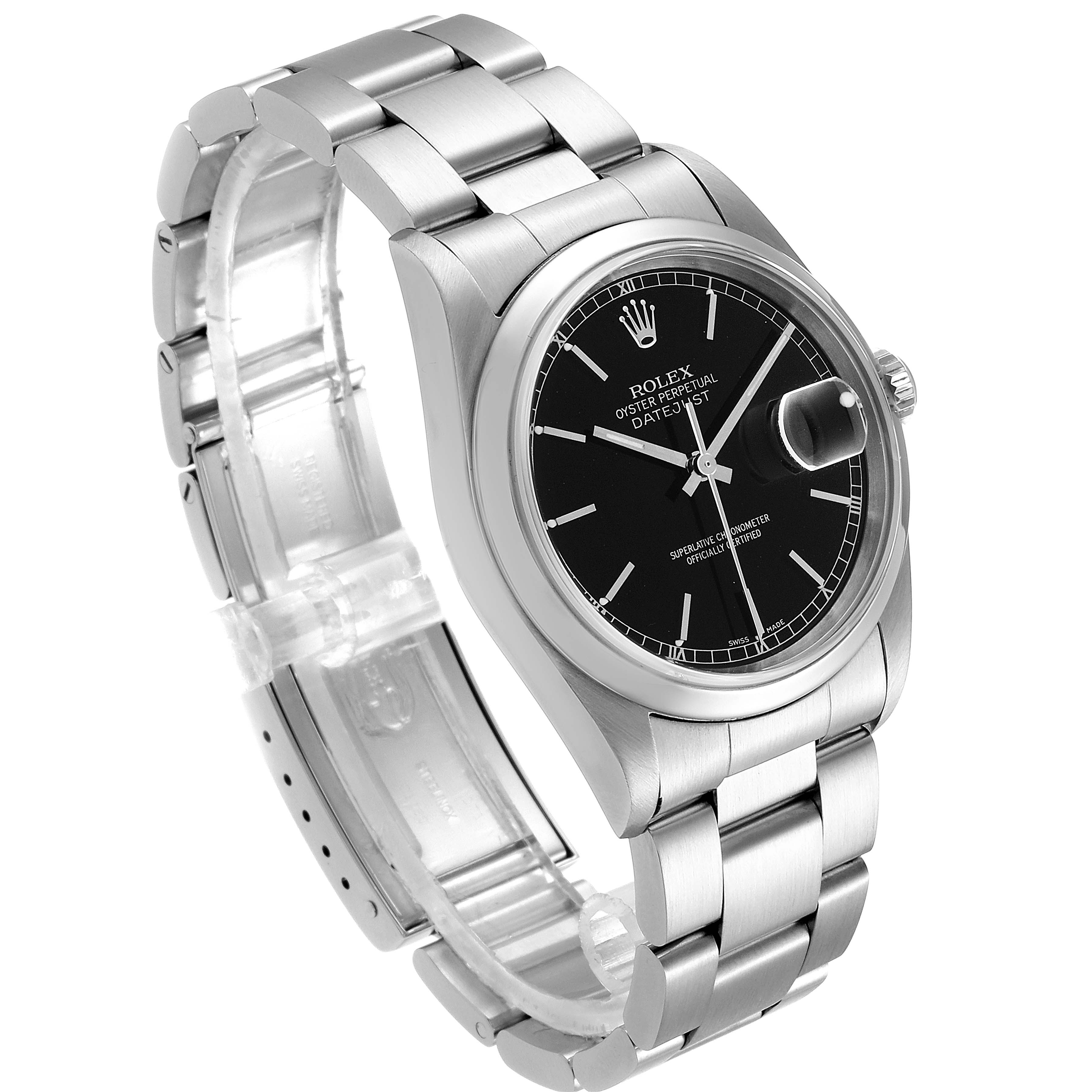 This image shows a Rolex Datejust 16200 Men's Stainless Steel Black Dial 16200 Men's Stainless Steel Black Dial watch angled to display the bracelet, case, dial, and crown.