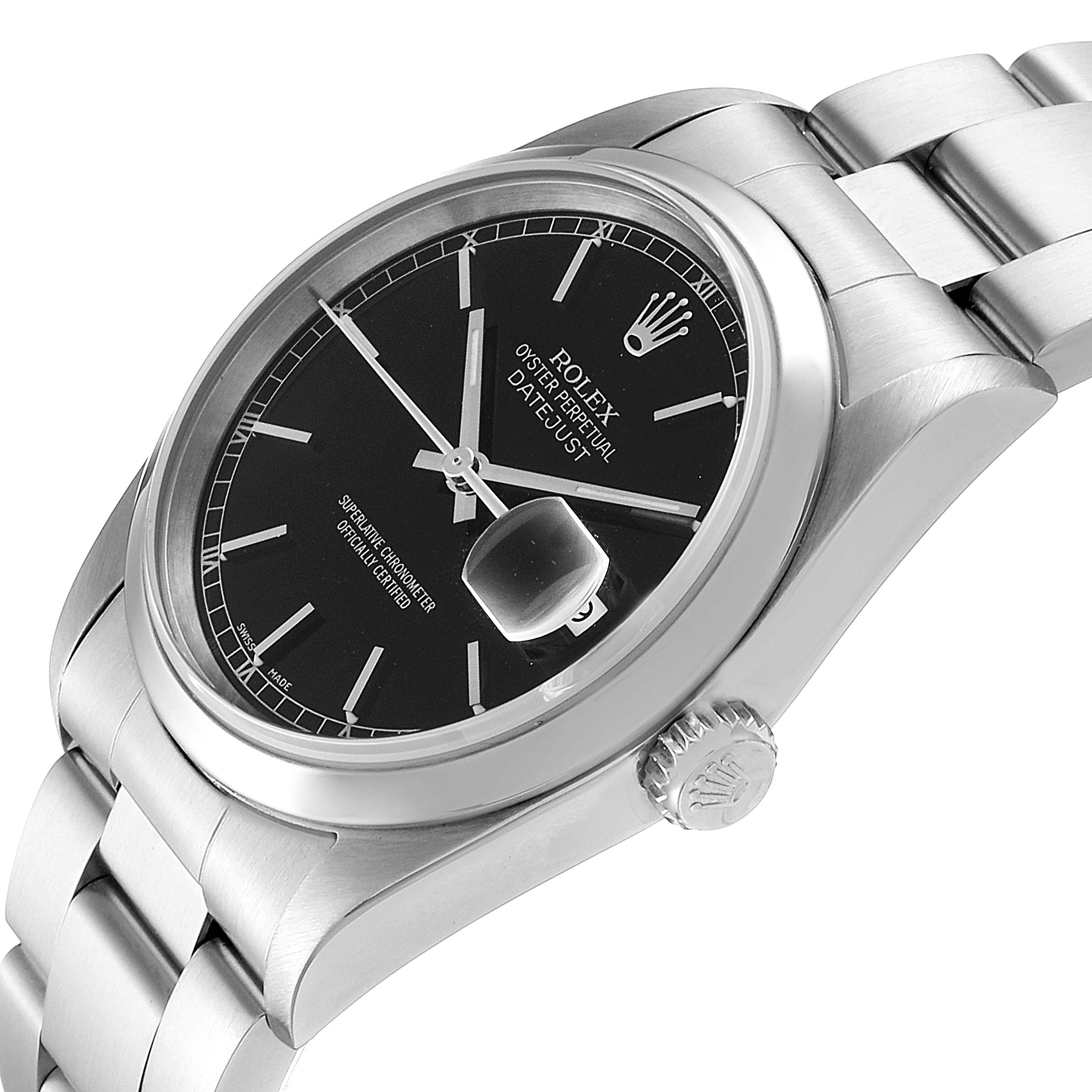 This image shows a close-up angle of the Rolex Datejust 16200 Men's Stainless Steel Black Dial 16200 Men's Stainless Steel Black Dial watch, highlighting its black dial, date window, and stainless steel bracelet.