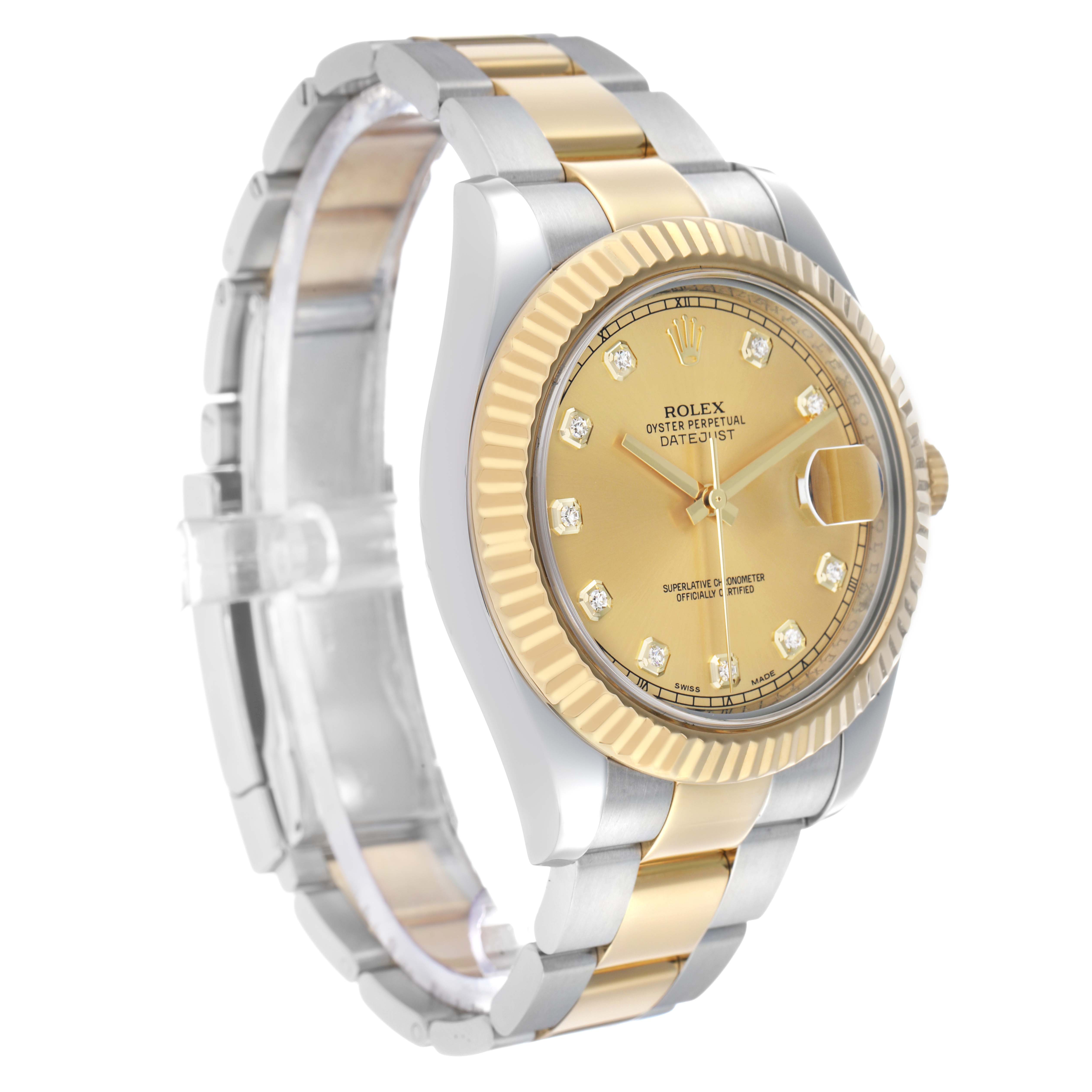 The Rolex Datejust 41 116333 Men's Steel and Gold (two tone) Champagne Dial is shown at a three-quarter view, highlighting its gold and silver bracelet, and fluted bezel.