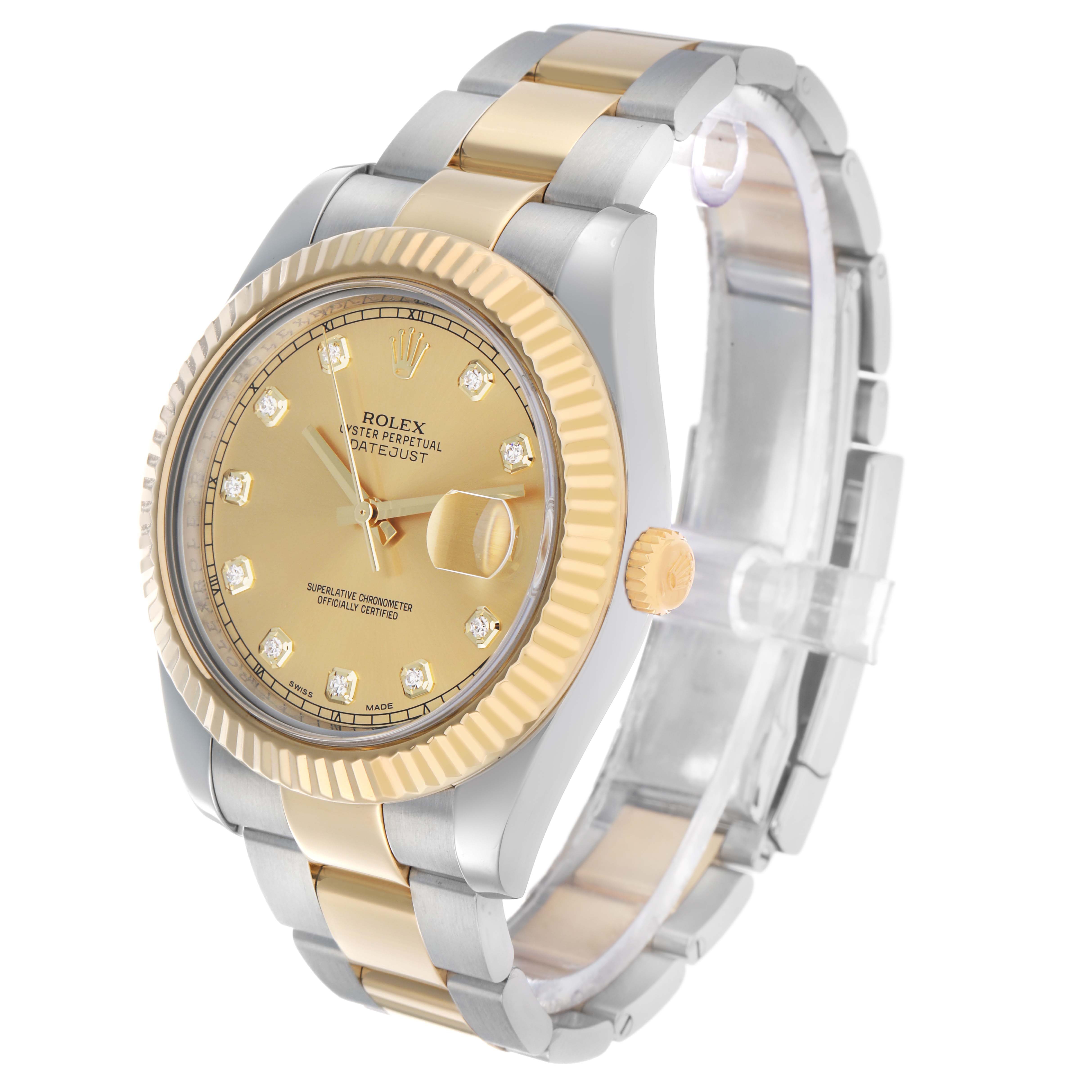 The Rolex Datejust 41 116333 Men's Steel and Gold (two tone) Champagne Dial is shown at an angle highlighting the face, bezel, crown, and bracelet.