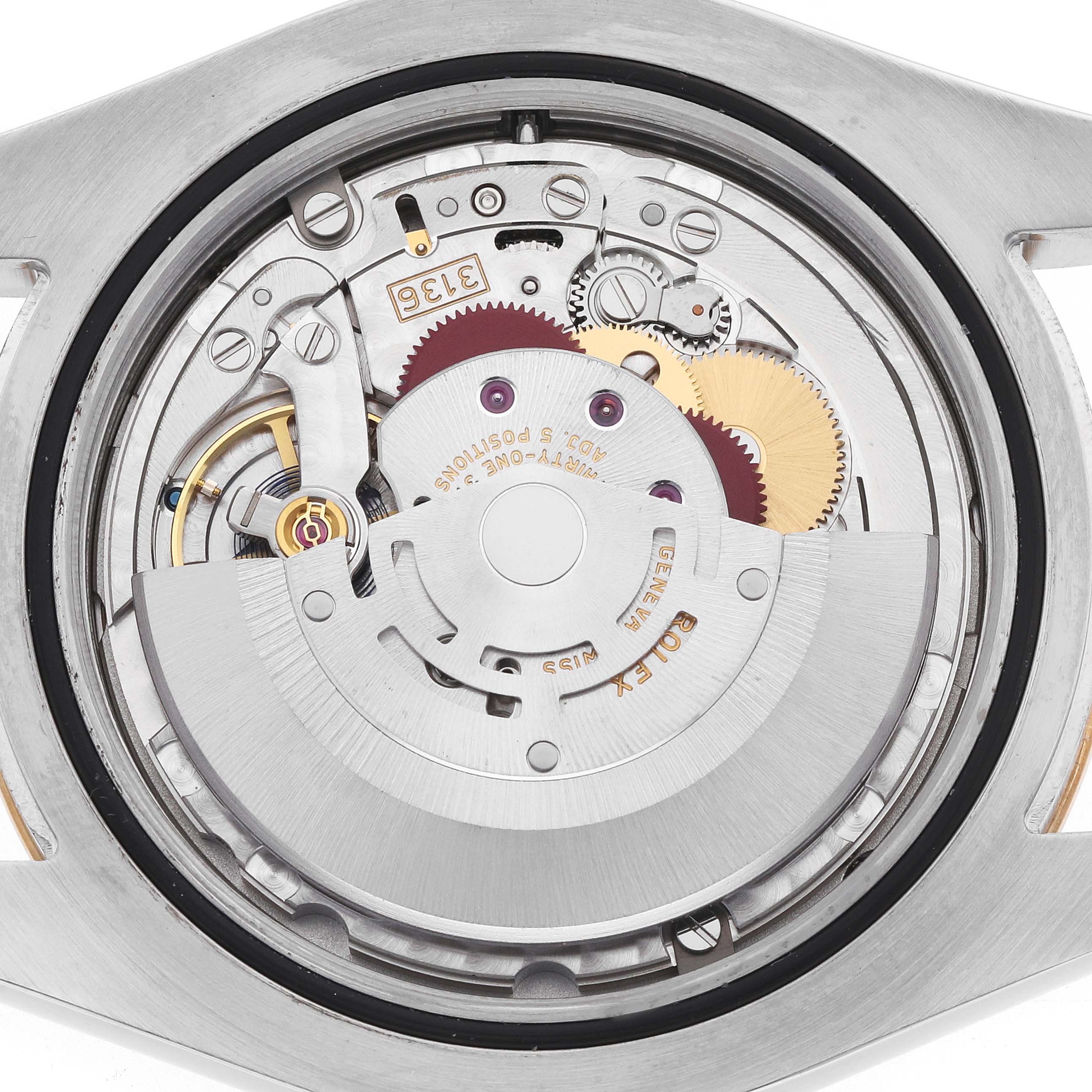 The image shows the Rolex Datejust 41 116333 Men's Steel and Gold (two tone) Champagne Dial movement from a top-down angle, highlighting gears and the rotor mechanism.