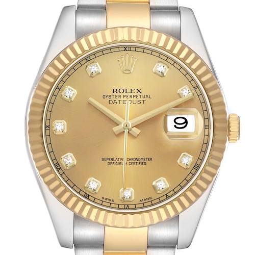 The Rolex Datejust 41 116333 Men's Steel and Gold (two tone) Champagne Dial is shown from a front angle, featuring its dial, fluted bezel, and part of the bracelet.