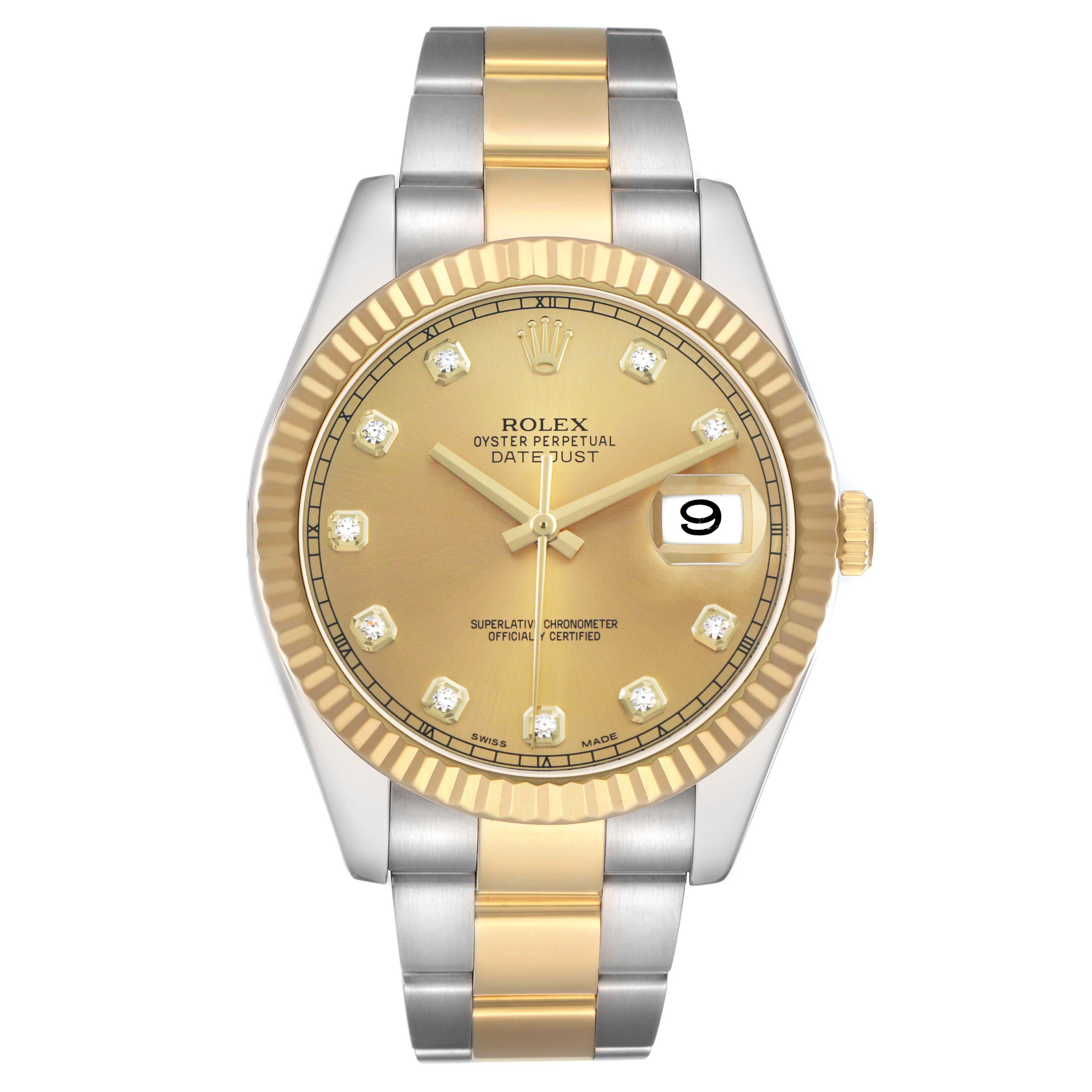 The Rolex Datejust 41 116333 Men's Steel and Gold (two tone) Champagne Dial is shown from a front angle, featuring its gold and silver bracelet, fluted bezel, and champagne dial with date display.