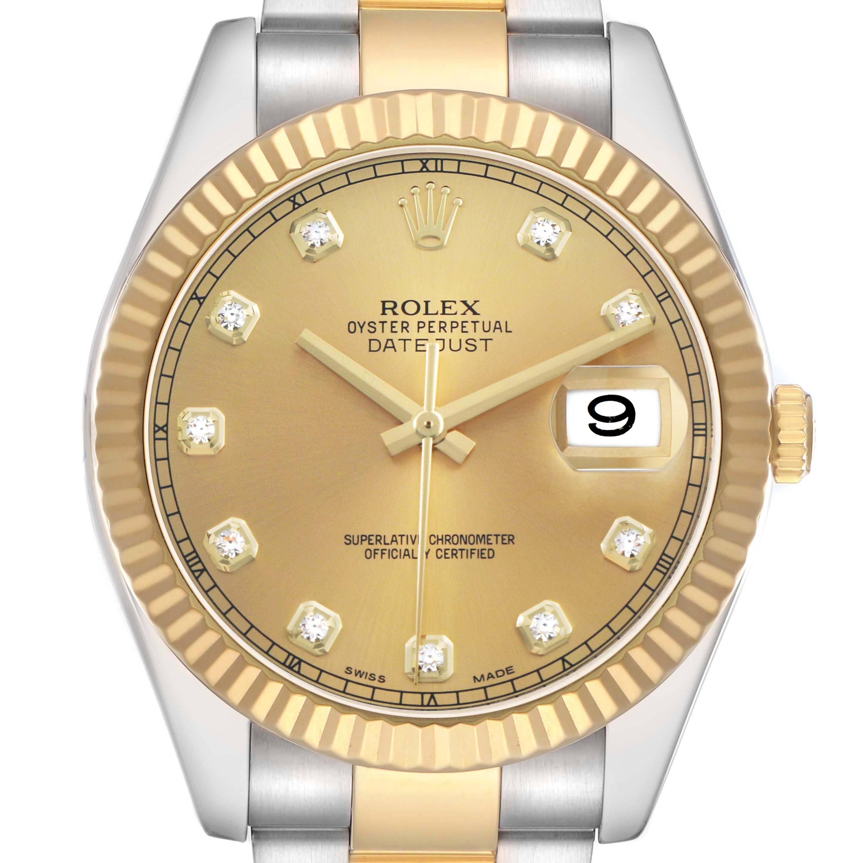 The image shows a front view of the Rolex Datejust 41 116333 Men's Steel and Gold (two tone) Champagne Dial, highlighting its gold dial, diamond markers, and fluted bezel.