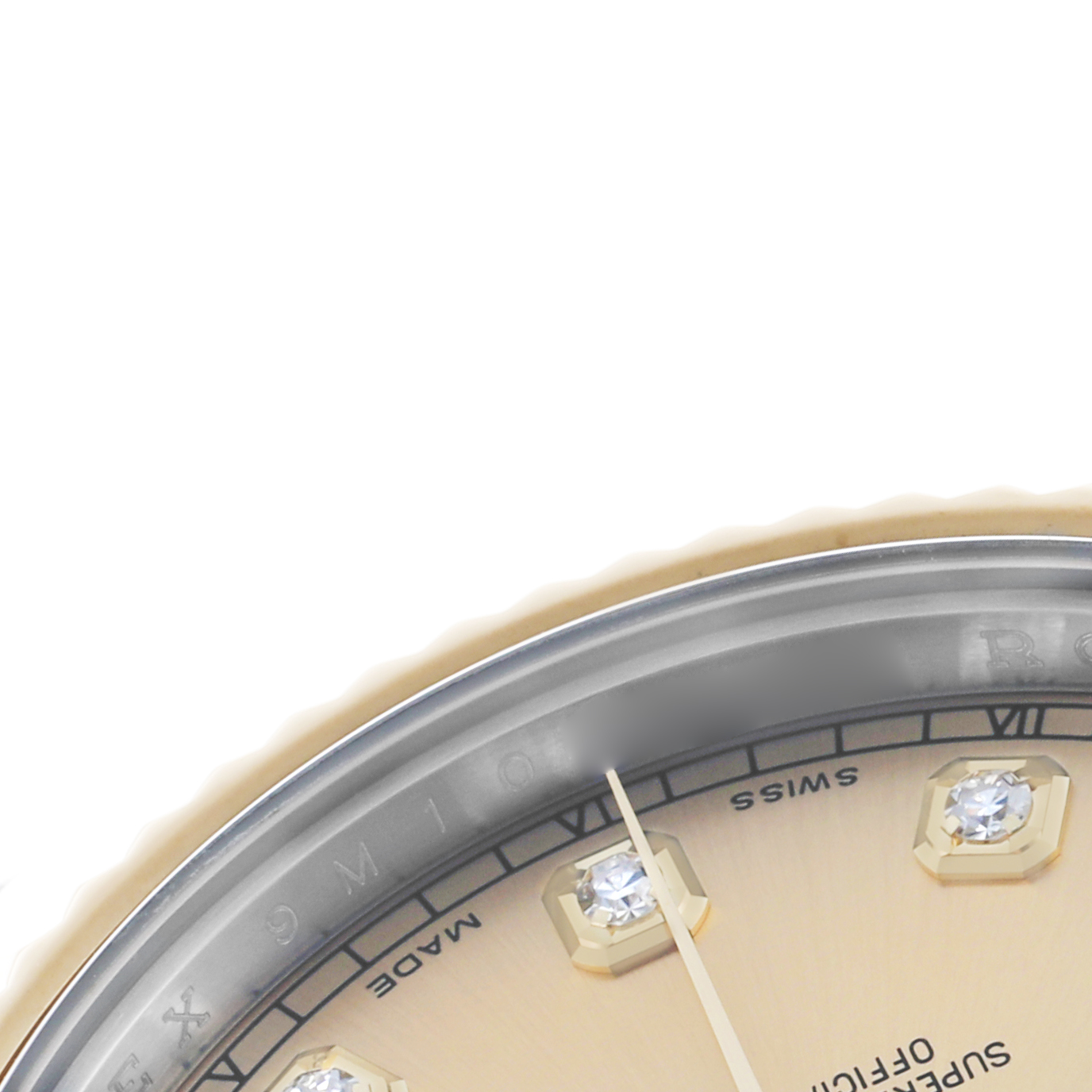 The image shows a close-up of the Rolex Datejust 41 116333 Men's Steel and Gold (two tone) Champagne Dial watch dial, highlighting the diamond hour markers and part of the bezel.
