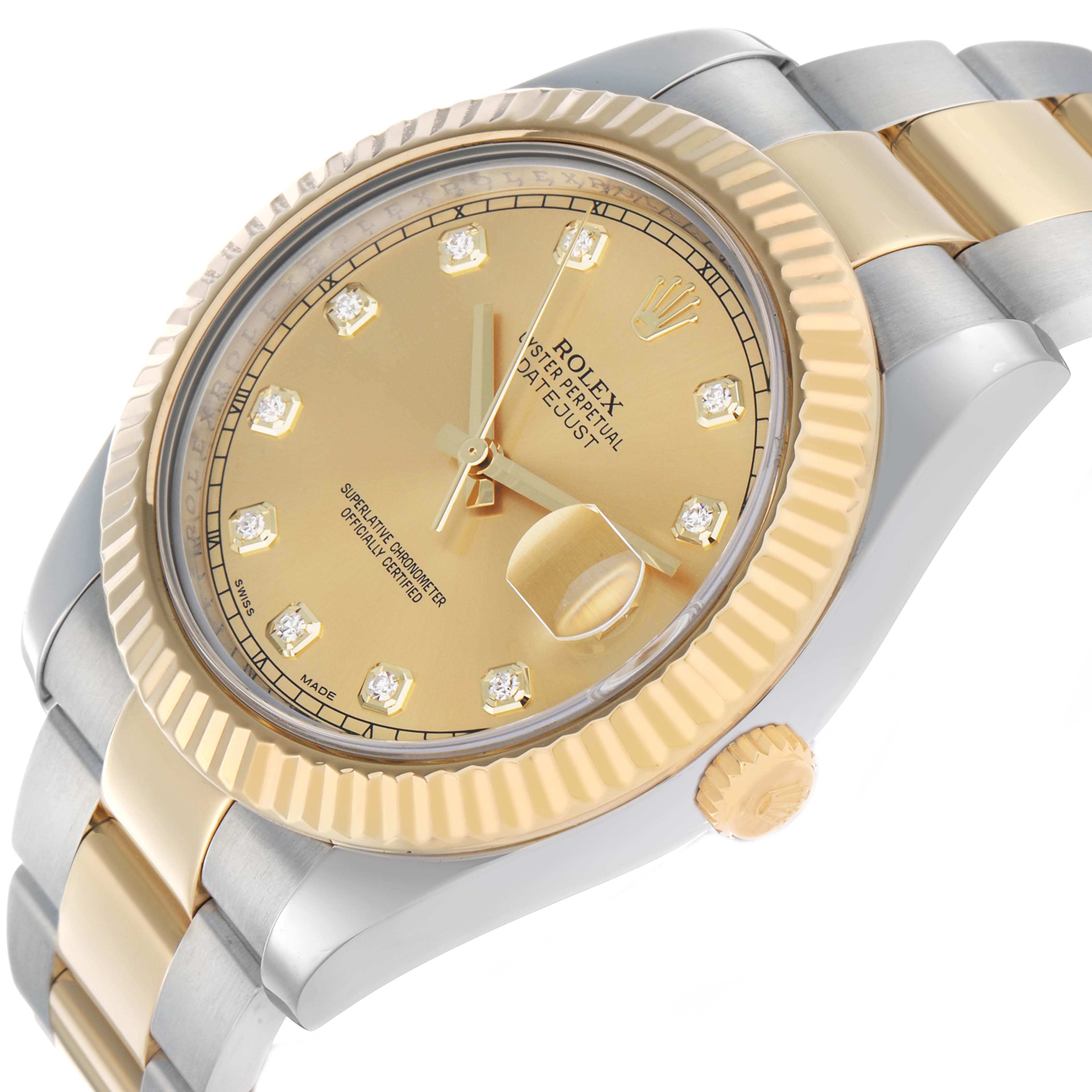 The Rolex Datejust 41 116333 Men's Steel and Gold (two tone) Champagne Dial is shown from a slight angle, highlighting the gold bezel, crown, bracelet, and diamond hour markers.