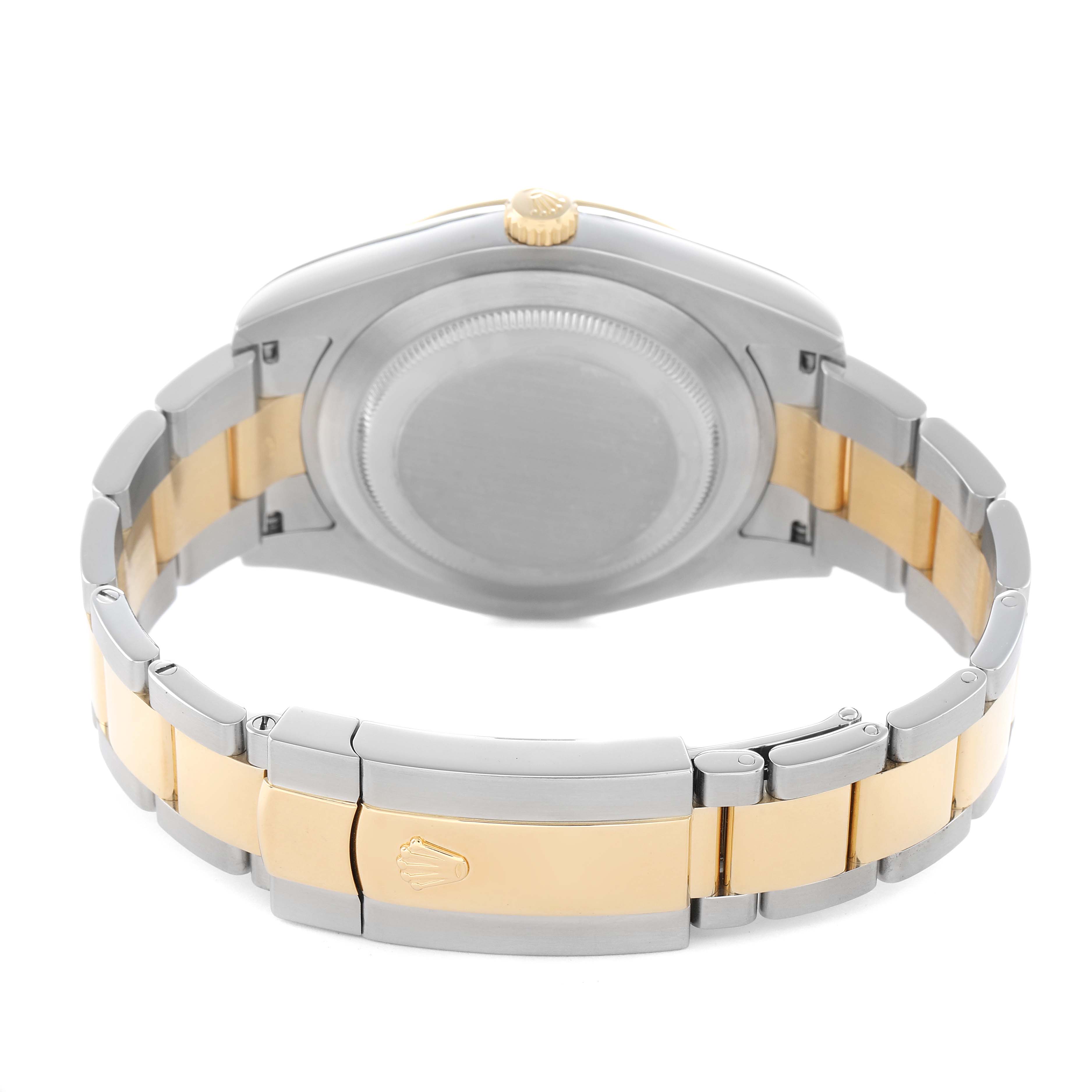 The image shows the back case and bi-metal bracelet of the Rolex Datejust 41 116333 Men's Steel and Gold (two tone) Champagne Dial, highlighting the clasp and crown.