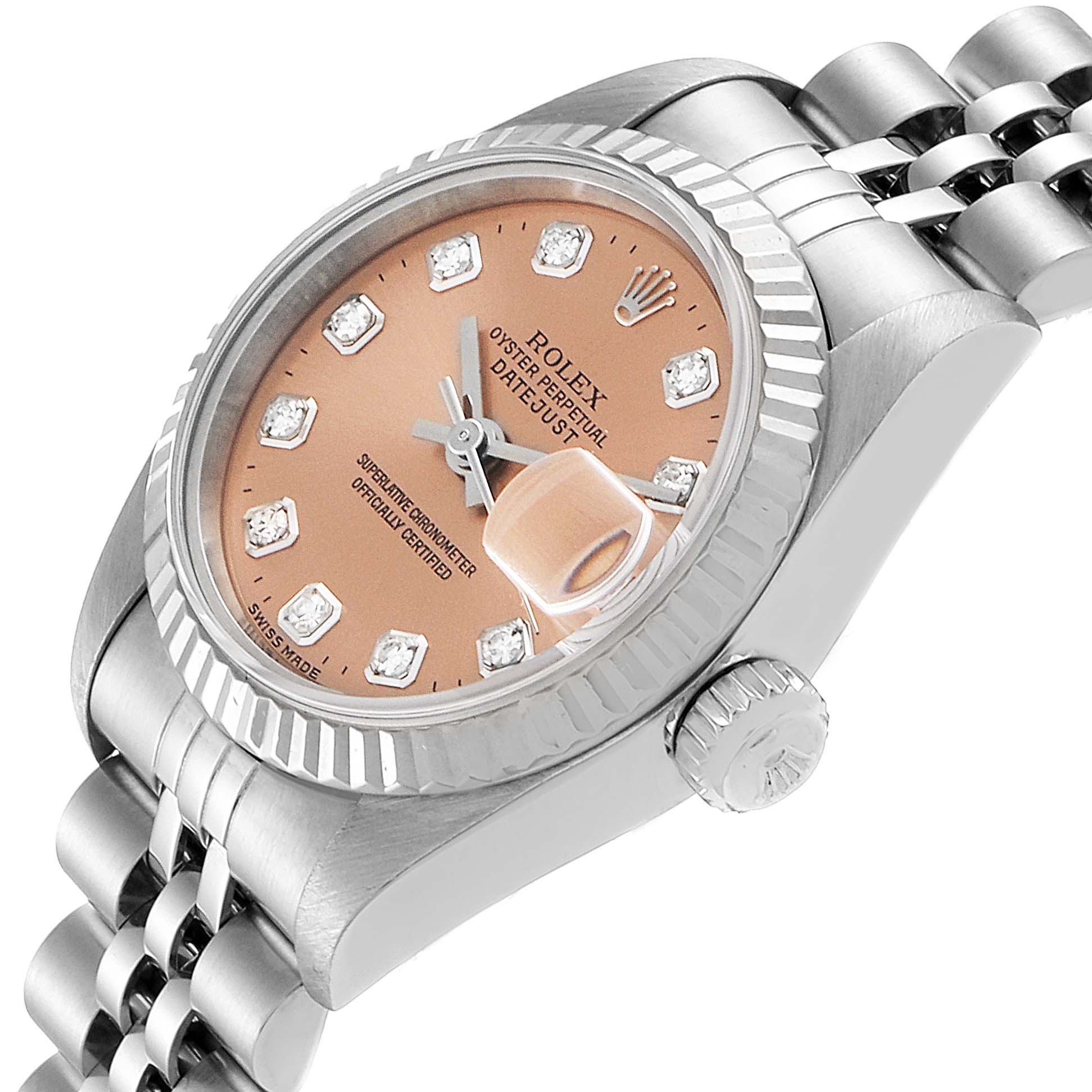 The image shows a close-up, angled view of the Rolex Datejust 69174 Women
s Stainless Steel Pink Dial 69174 Women
s Stainless Steel Pink Dial with a peach dial and diamond markers.
