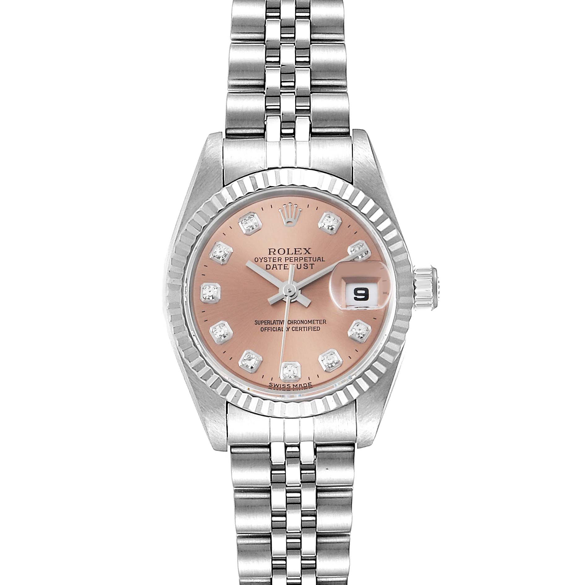 This image shows a frontal view of a Rolex Datejust 69174 Women
s Stainless Steel Pink Dial 69174 Women
s Stainless Steel Pink Dial watch featuring a pink dial and a stainless steel bracelet.