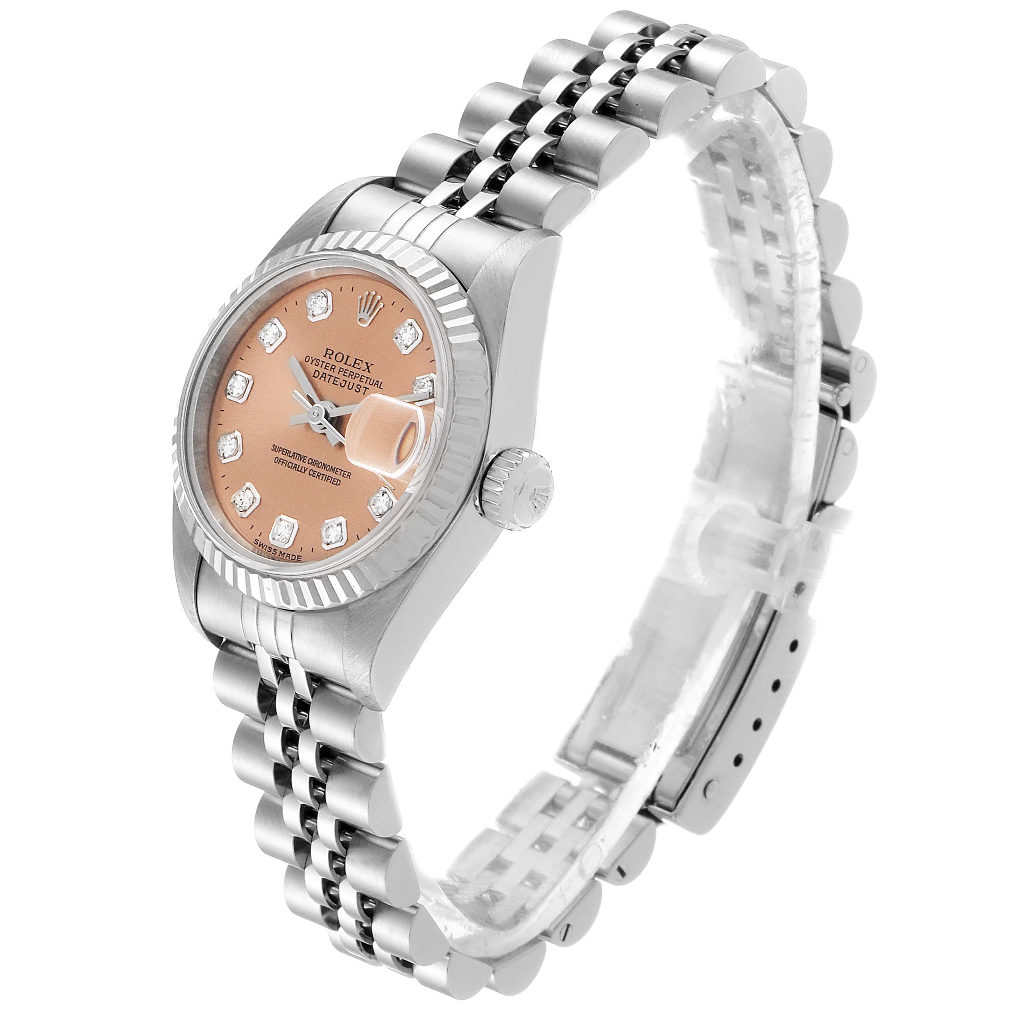 This image shows a side view of a Rolex Datejust 69174 Women
s Stainless Steel Pink Dial 69174 Women
s Stainless Steel Pink Dial watch, highlighting the dial, bezel, crown, and bracelet.