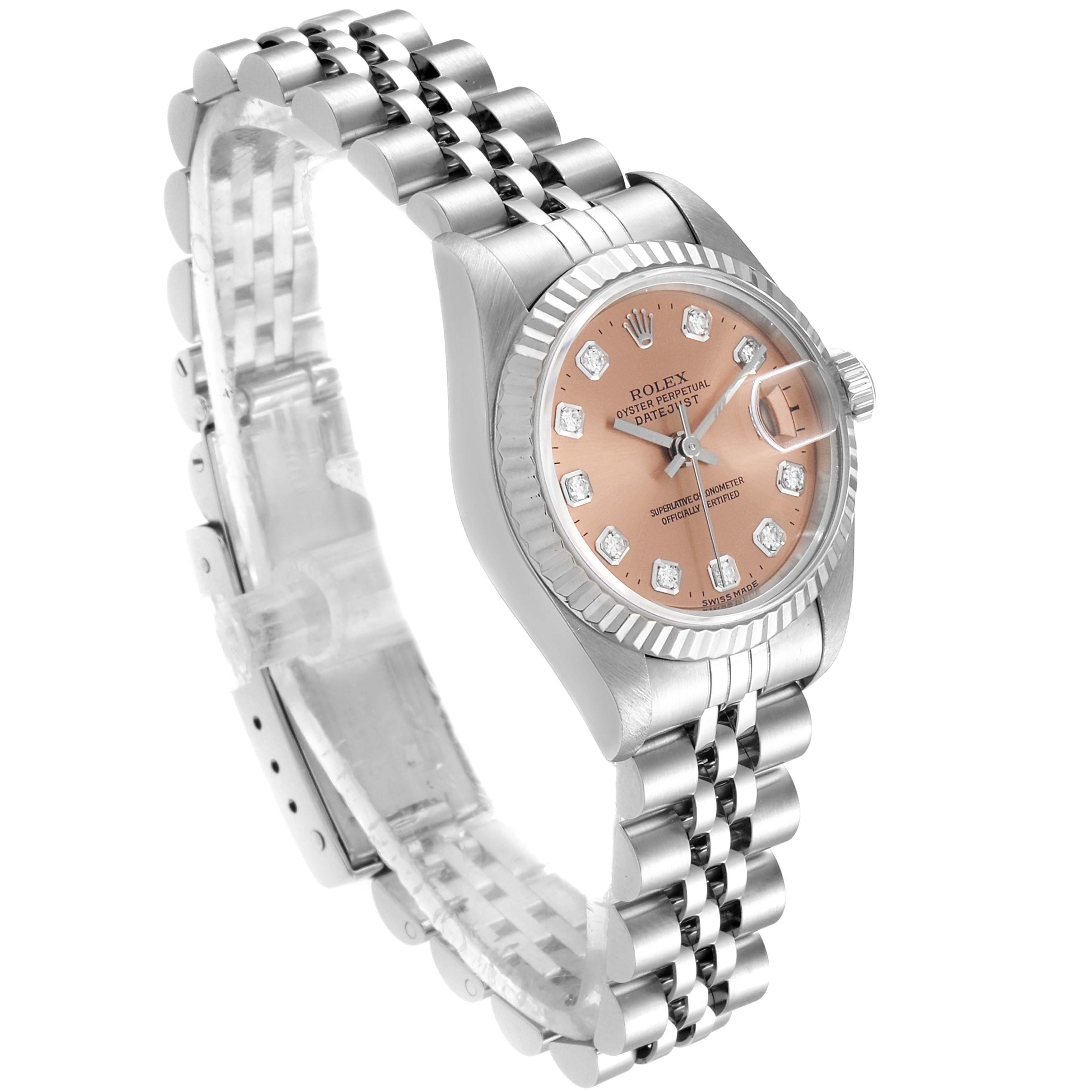 The Rolex Datejust 69174 Women
s Stainless Steel Pink Dial 69174 Women
s Stainless Steel Pink Dial watch is angled to show the face, bezel, crown, and bracelet with a clear view of the dial and hands.