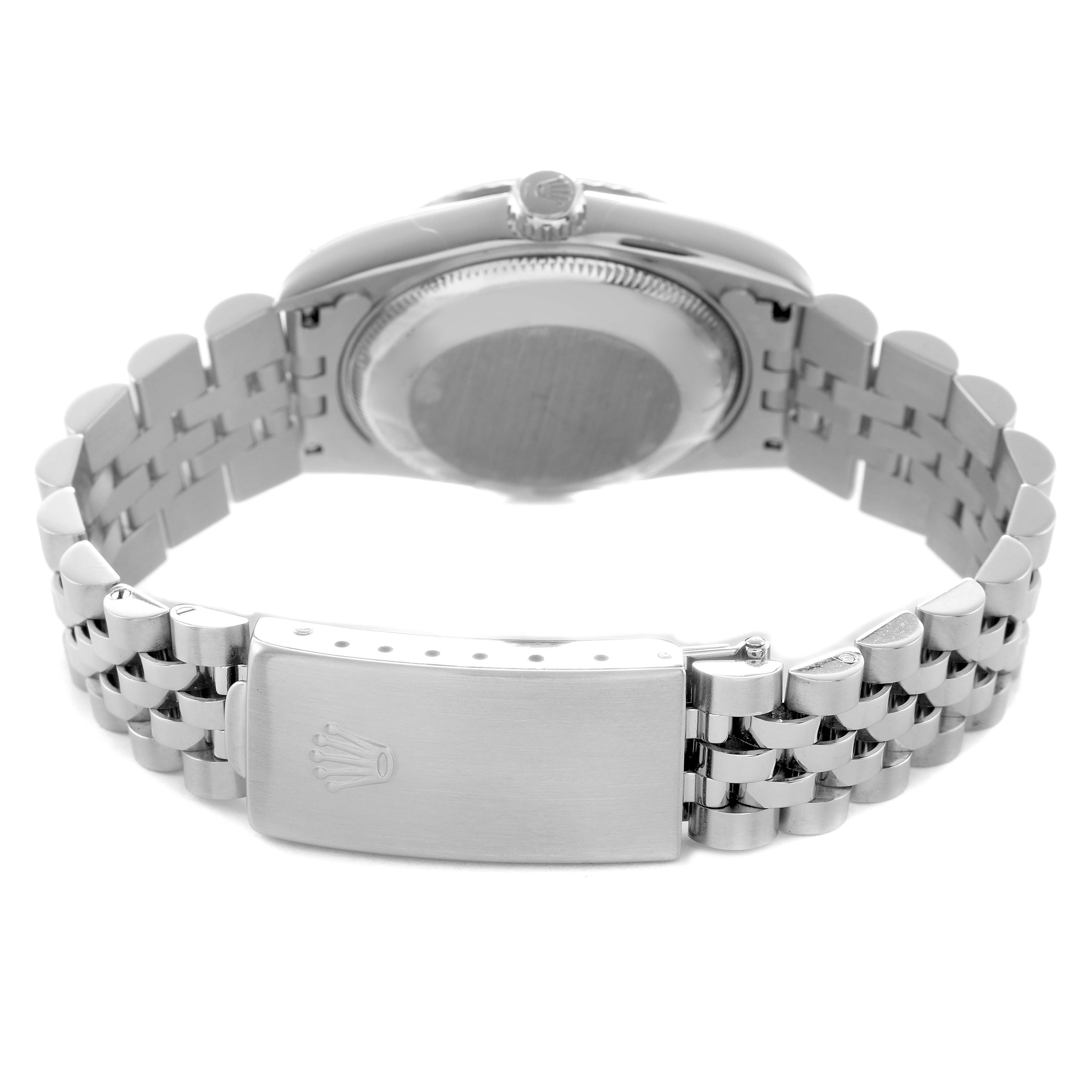 The image shows the back view of a Rolex Mid-Size 78274 Women's Stainless Steel Mother of Pearl Dial watch, highlighting the clasp and bracelet.