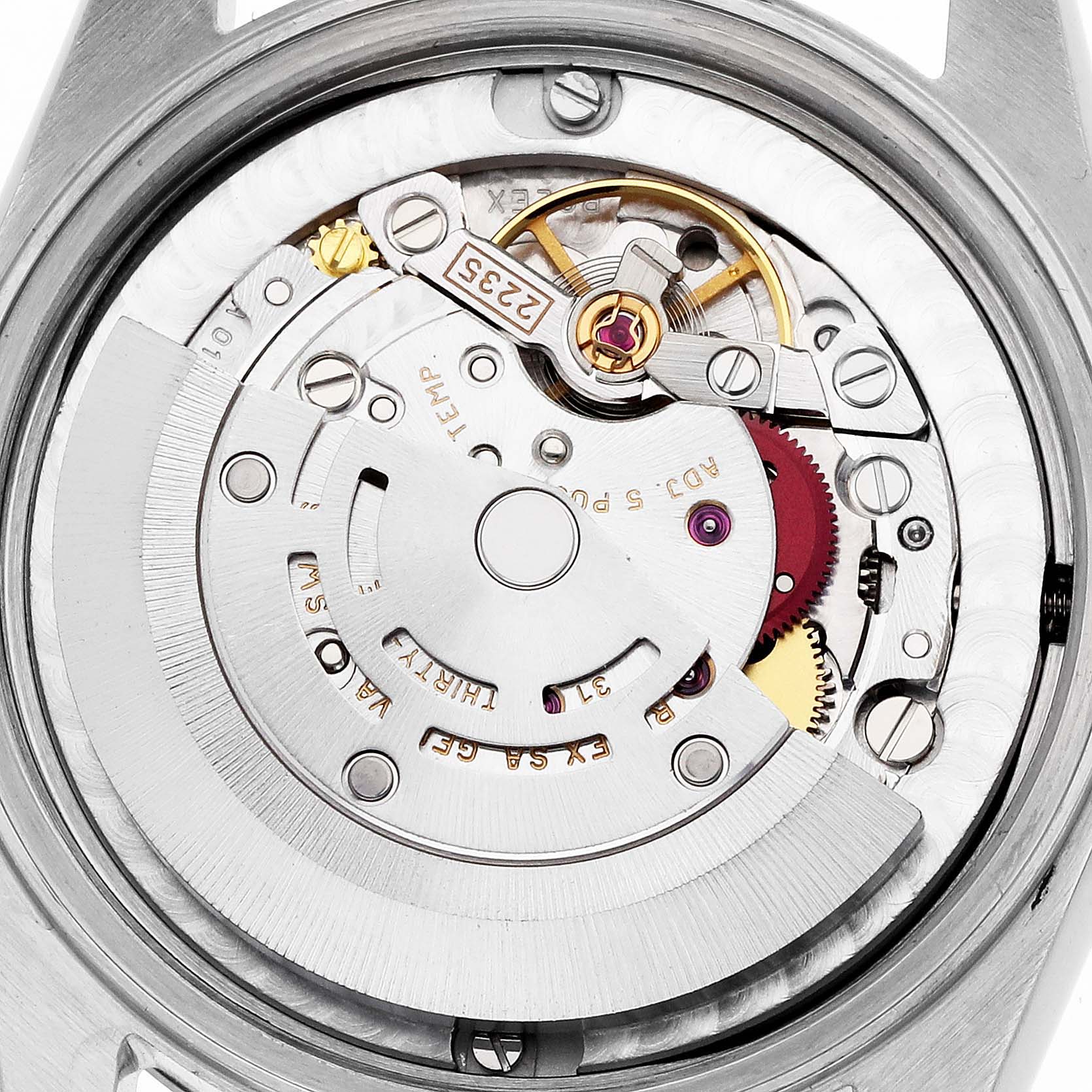 The image shows the internal movement components of a Rolex Mid-Size 78274 Women's Stainless Steel Mother of Pearl Dial watch from a top-down angle.