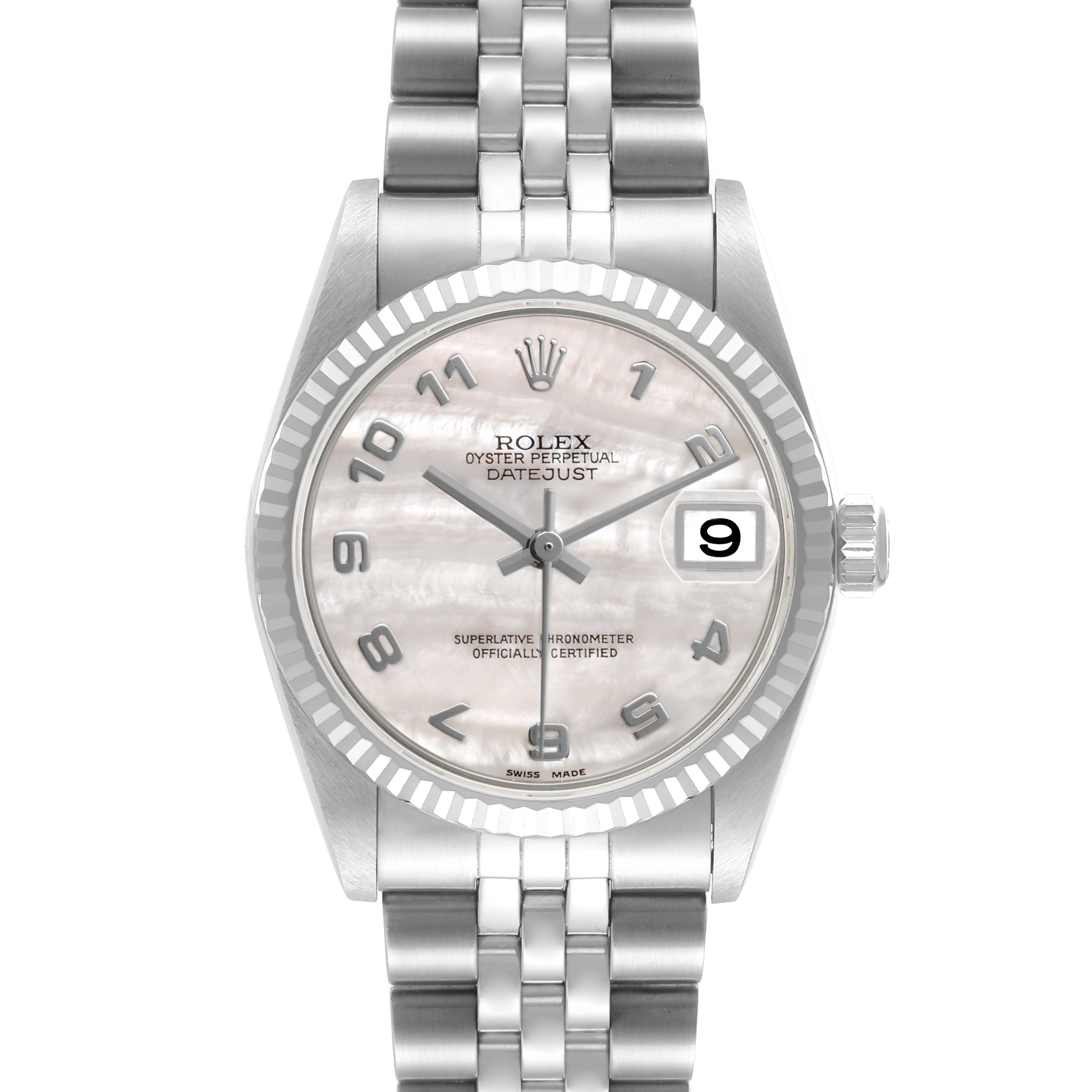 This is a front view of the Rolex Mid-Size 78274 Women's Stainless Steel Mother of Pearl Dial Oyster Perpetual Datejust, showing the dial, bezel, bracelet, and date window.