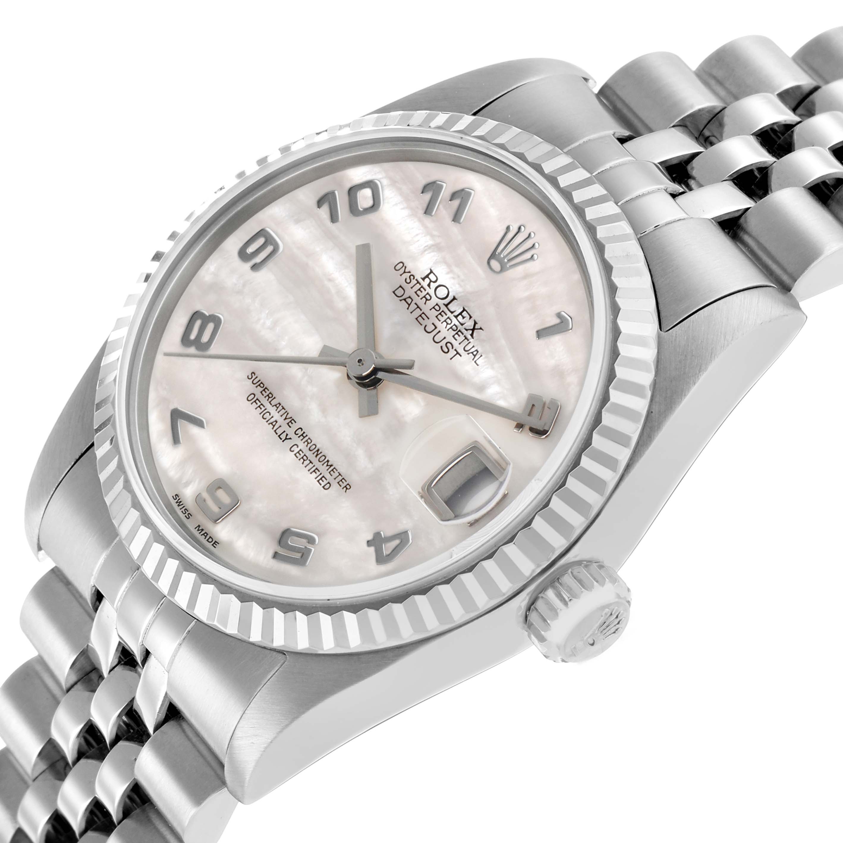 The Rolex Mid-Size 78274 Women's Stainless Steel Mother of Pearl Dial watch is shown at a slight angle, featuring the dial, fluted bezel, crown, and part of the bracelet.