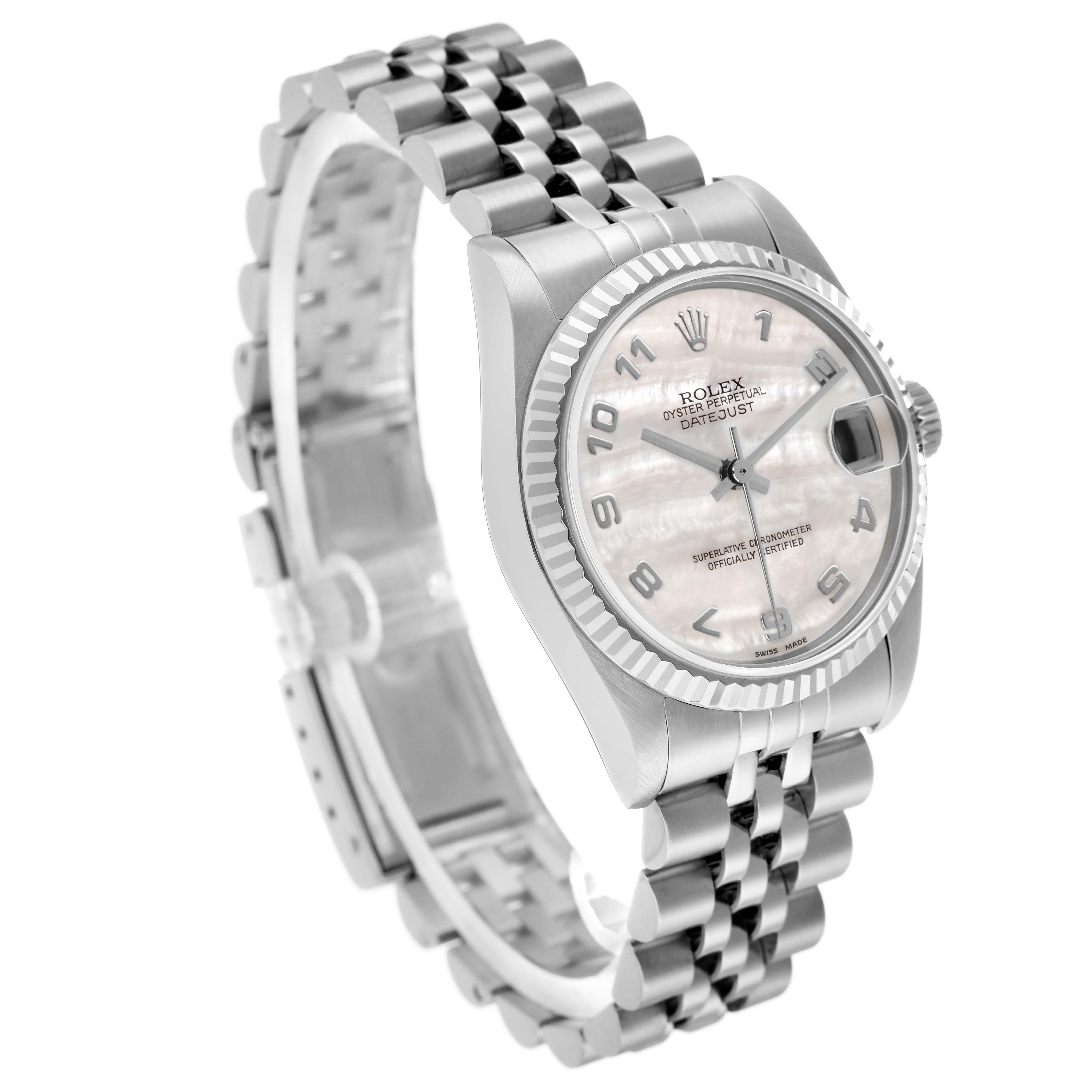 The Rolex Mid-Size 78274 Women's Stainless Steel Mother of Pearl Dial model is shown at a three-quarter angle, displaying the face, bezel, and bracelet clearly.