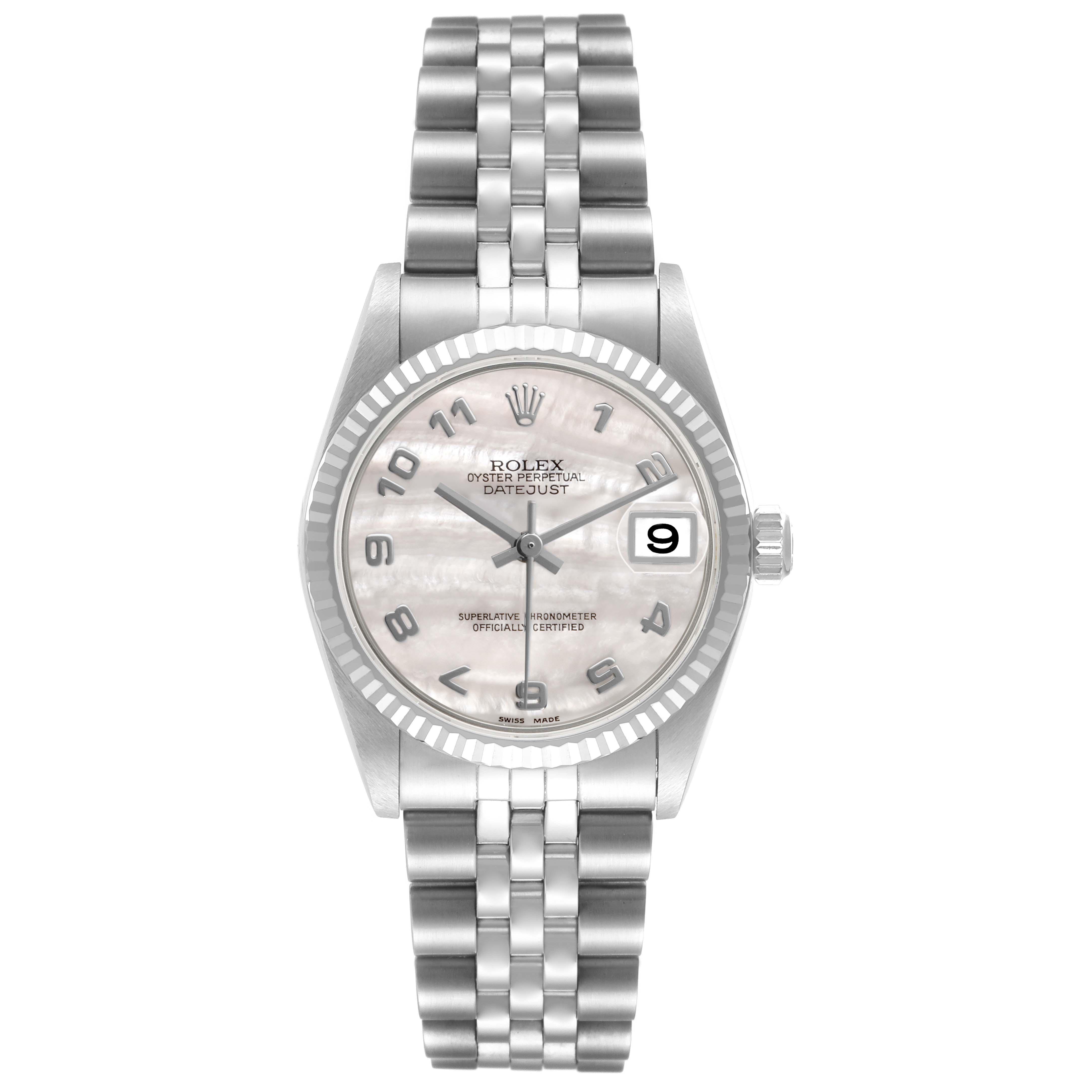 The Rolex Mid-Size 78274 Women's Stainless Steel Mother of Pearl Dial watch is shown from a top view, displaying the face, fluted bezel, and Jubilee bracelet.