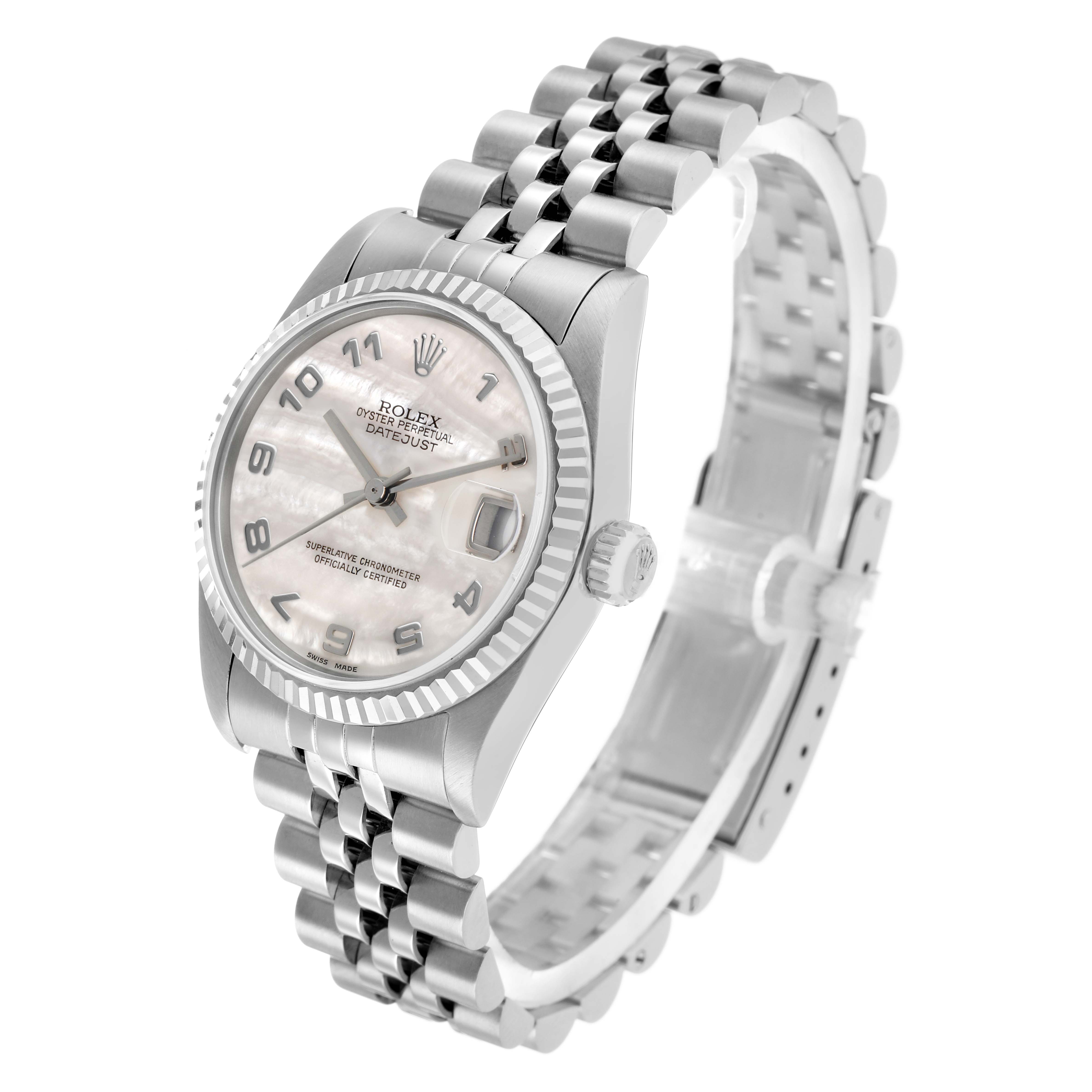 The Rolex Mid-Size 78274 Women's Stainless Steel Mother of Pearl Dial watch is displayed at a front angle, showing the face, crown, case, and bracelet.