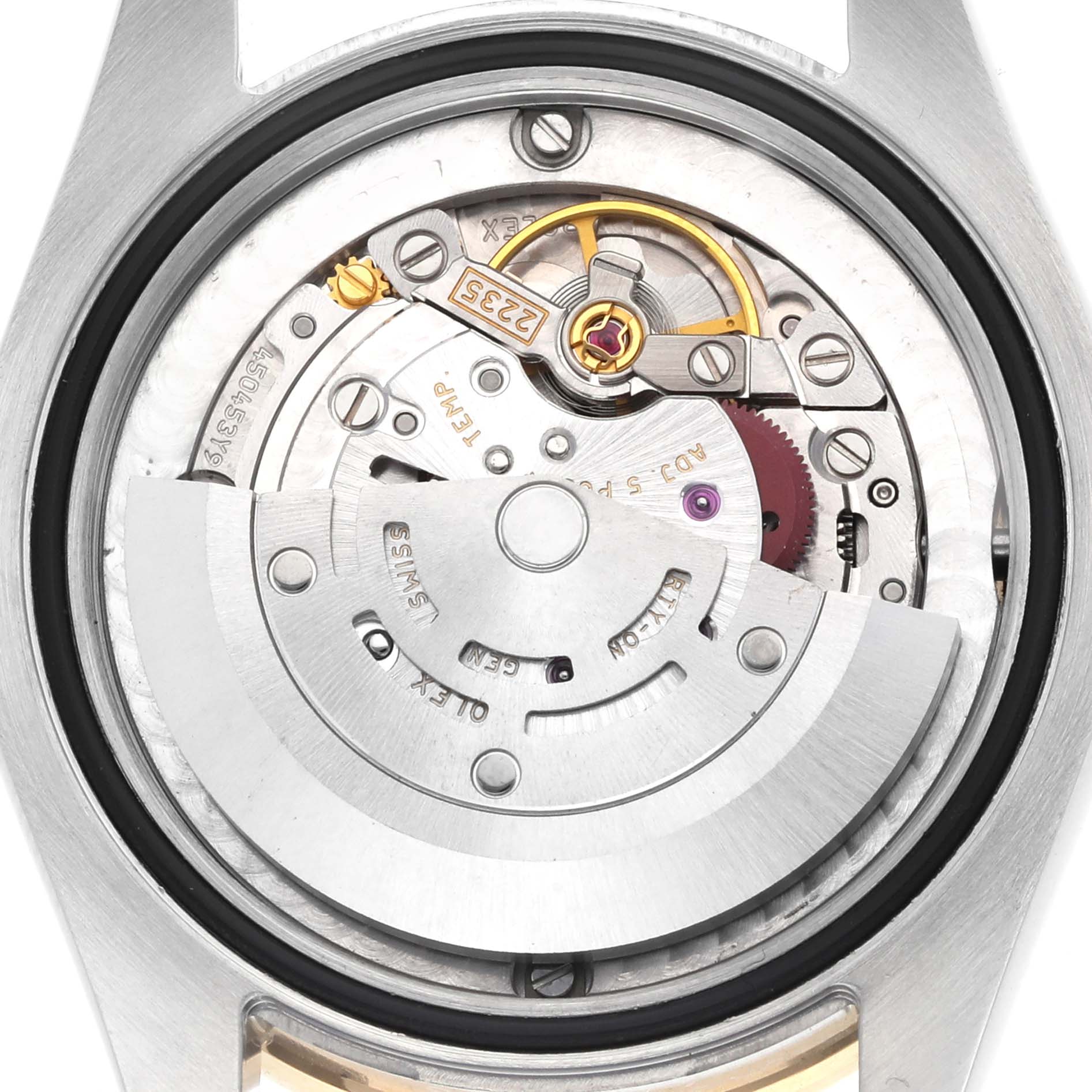 This image shows the back view of a Rolex Mid-Size 178383 Women's Steel and Gold (two tone) Green Dial watch, highlighting the intricate internal movement and rotor.