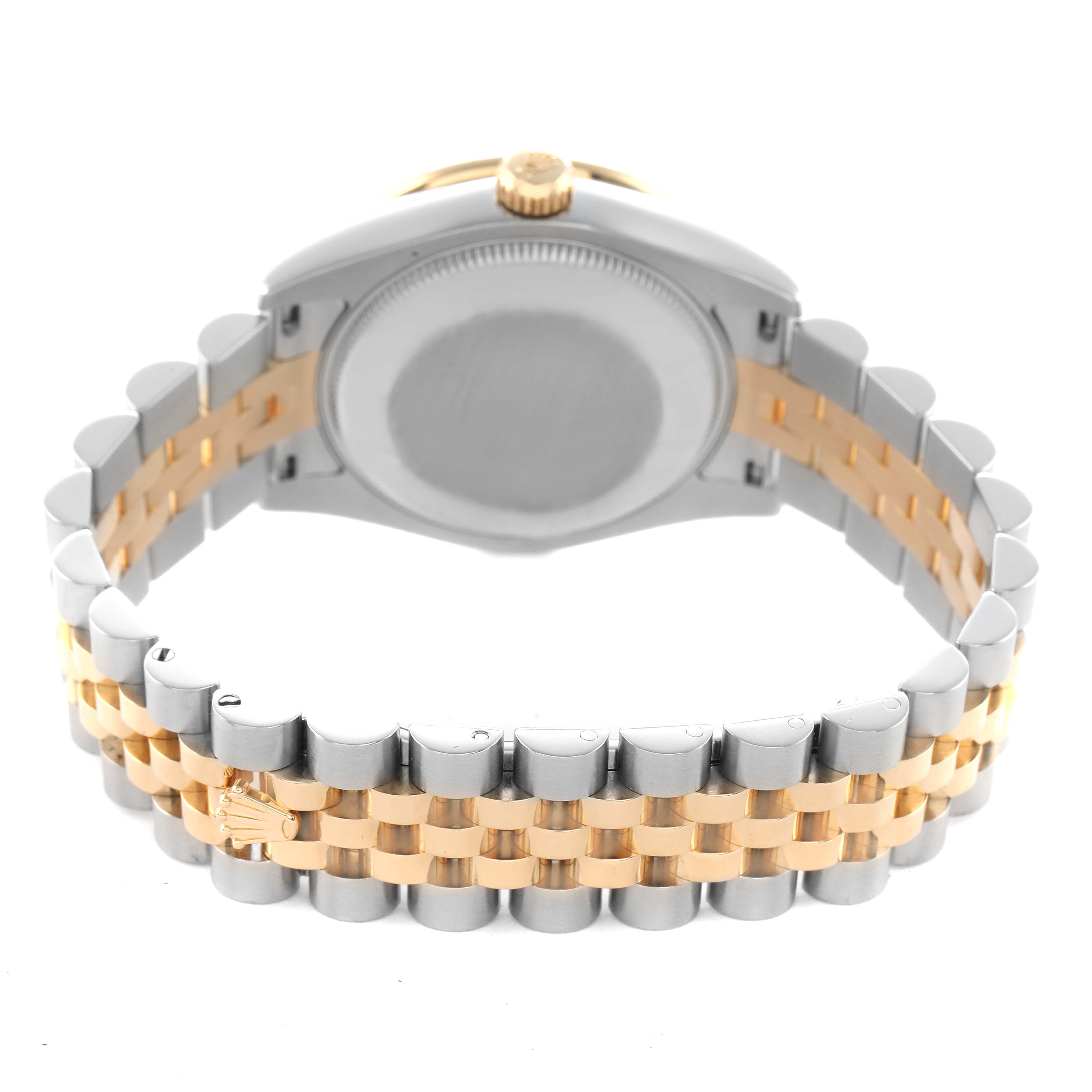 The Rolex Mid-Size 178383 Women's Steel and Gold (two tone) Green Dial model is shown from the back, highlighting the bracelet and case back.