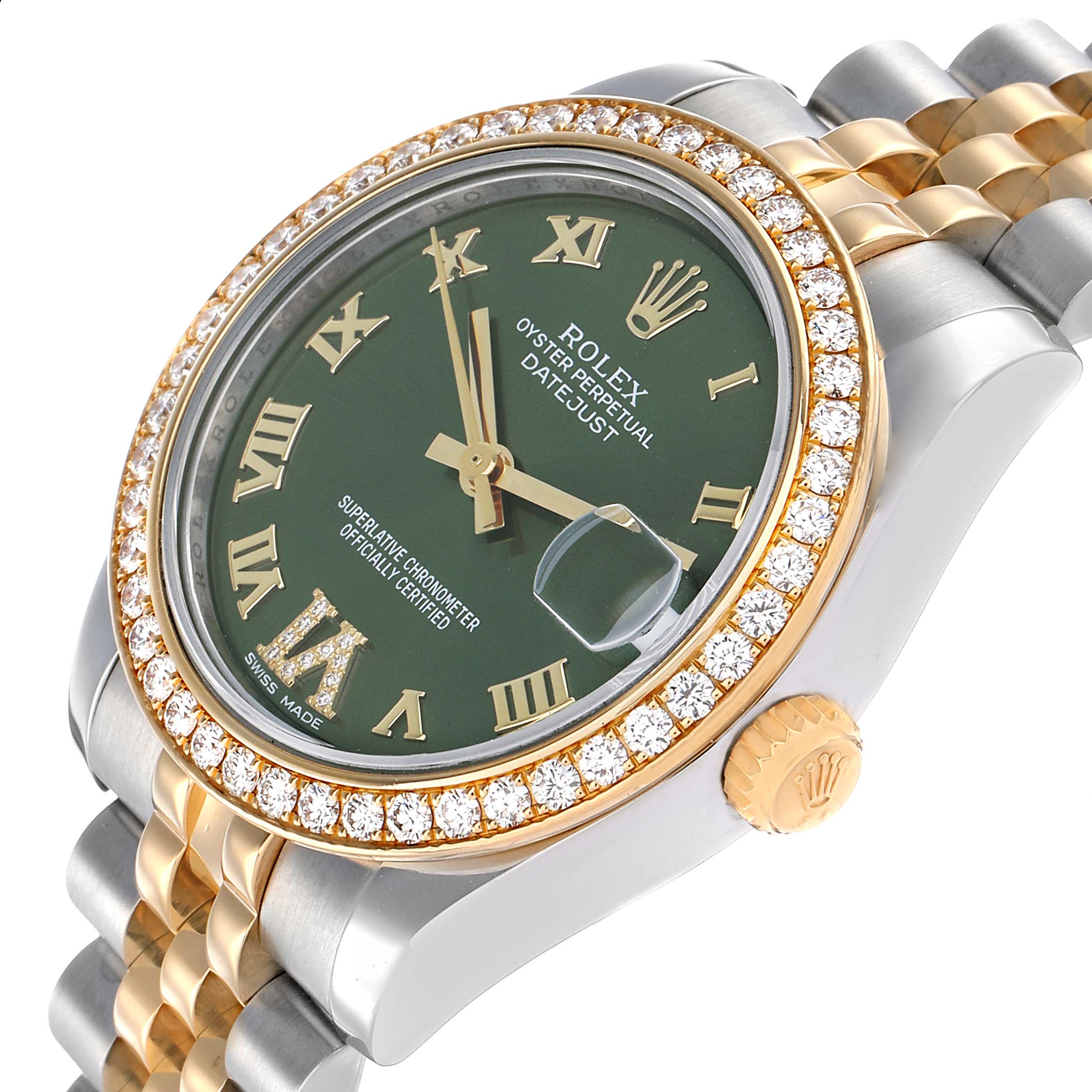 The Rolex Mid-Size 178383 Women's Steel and Gold (two tone) Green Dial Datejust is shown from an angled side view, highlighting its green dial, diamond bezel, and two-tone bracelet.