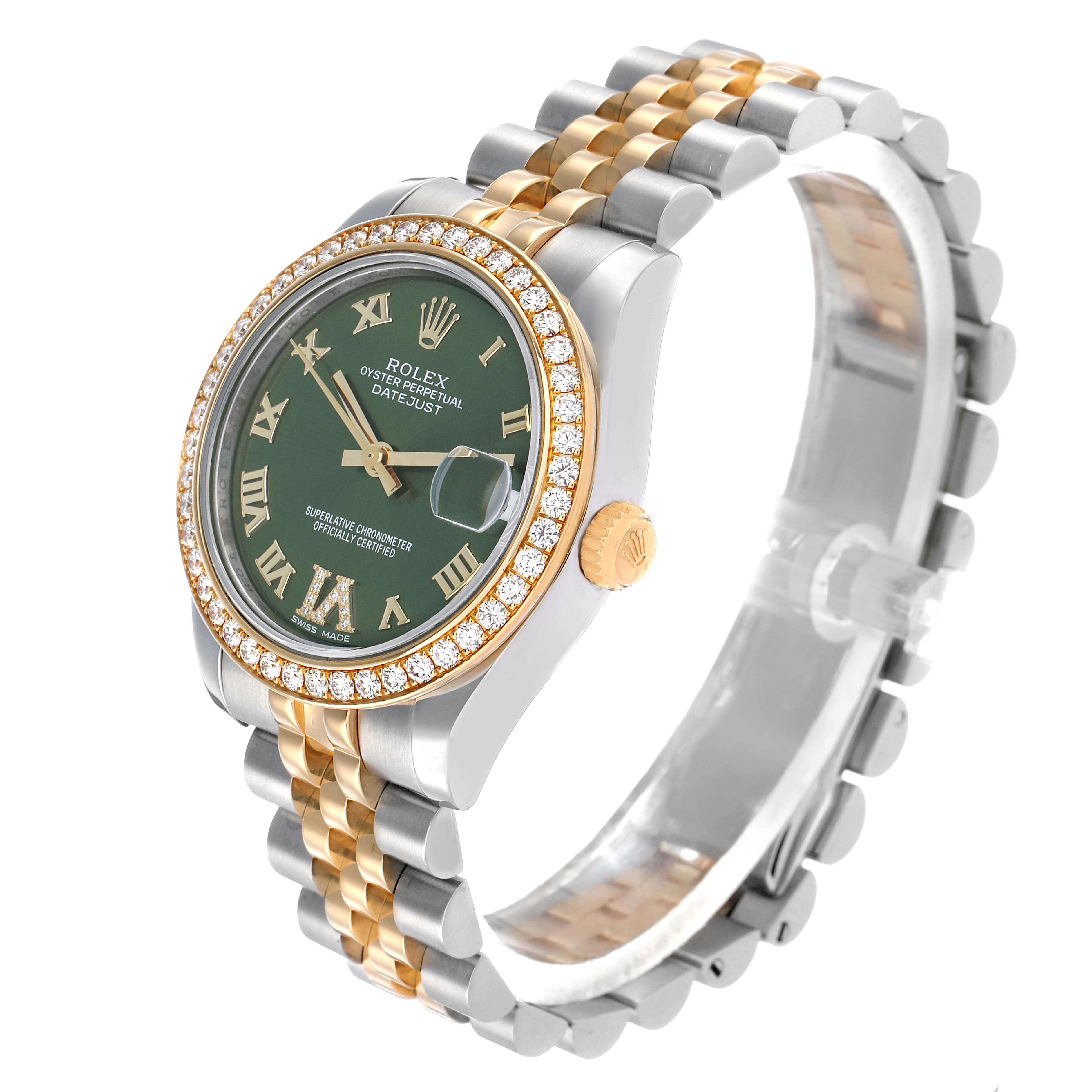 The Rolex Mid-Size 178383 Women's Steel and Gold (two tone) Green Dial watch is shown at a three-quarter angle, highlighting the green dial, gold bezel, and two-tone bracelet.
