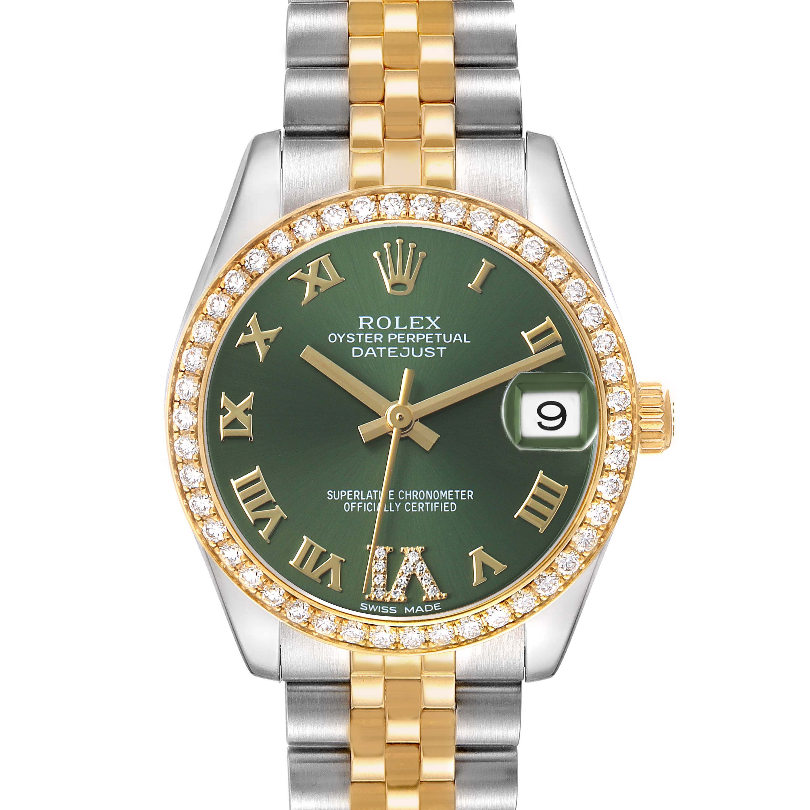 The Rolex Oyster Perpetual Datejust Mid-Size watch is shown from the front, highlighting the green dial, diamond bezel, and two-tone bracelet.
