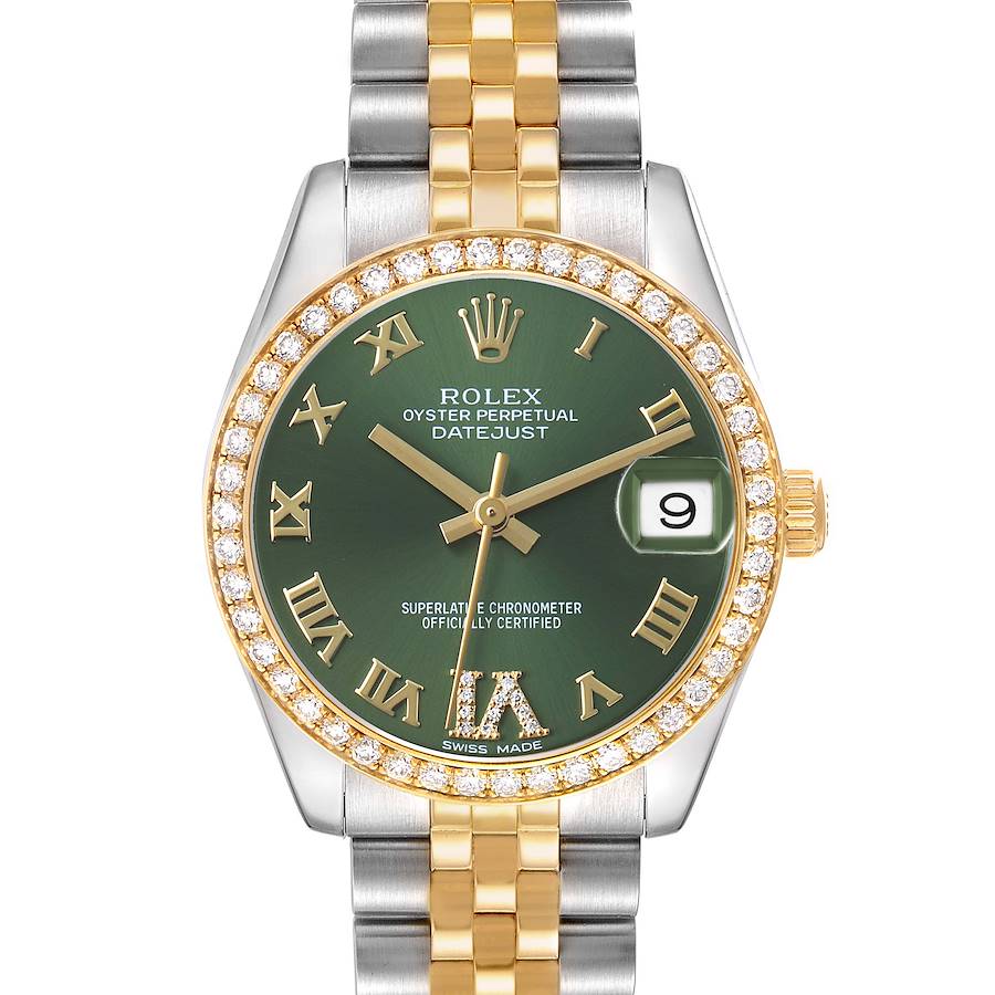 The Rolex Oyster Perpetual Datejust Mid-Size watch is shown from the front, highlighting the green dial, diamond bezel, and two-tone bracelet.