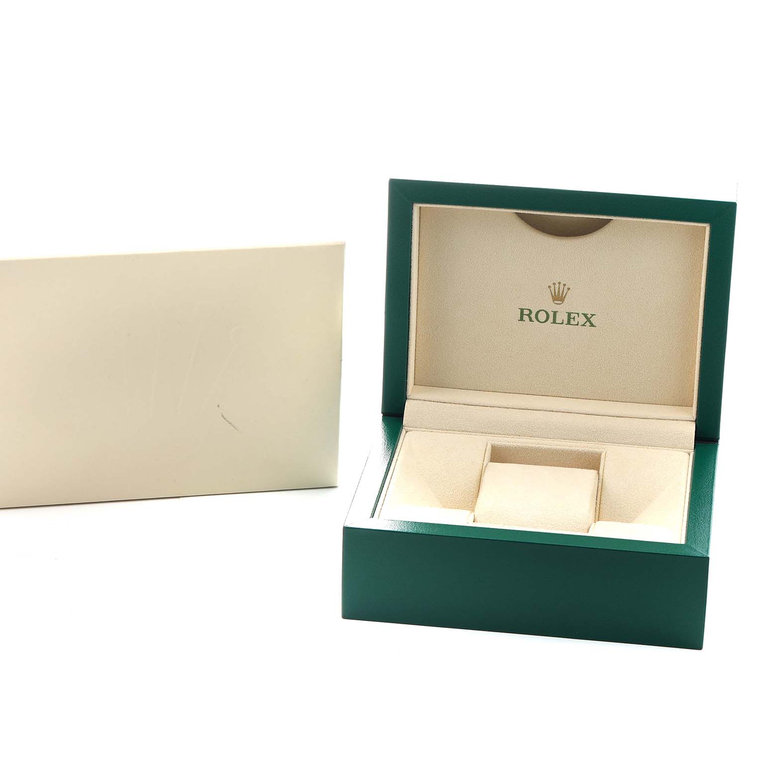 The image shows a Rolex Mid-Size 178383 Women's Steel and Gold (two tone) Green Dial model watch box, open with display spaces, and a separate cream-colored cover.