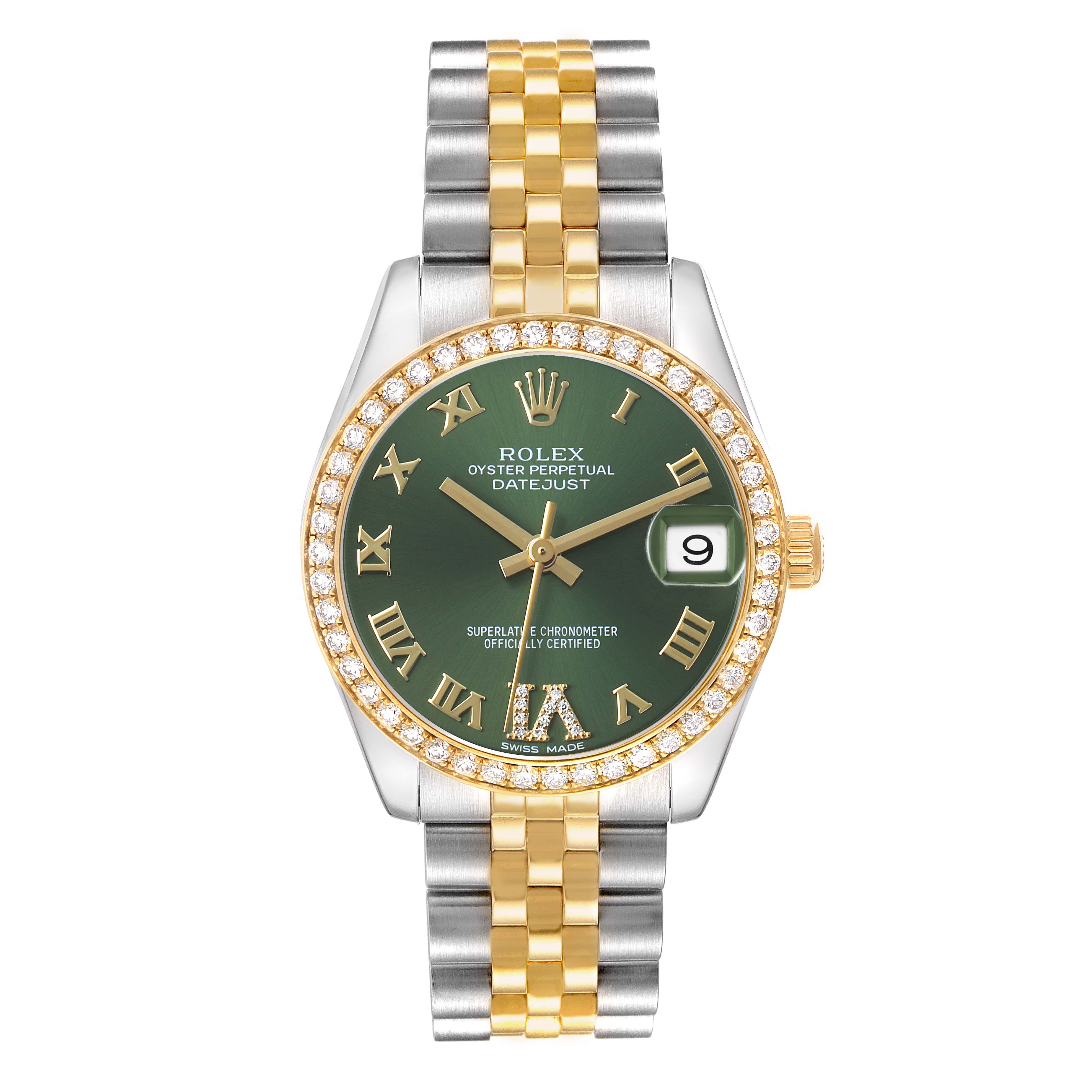 The Rolex Mid-Size 178383 Women's Steel and Gold (two tone) Green Dial model is shown from the front, featuring its green dial, gold and silver bracelet, and diamond-set bezel.