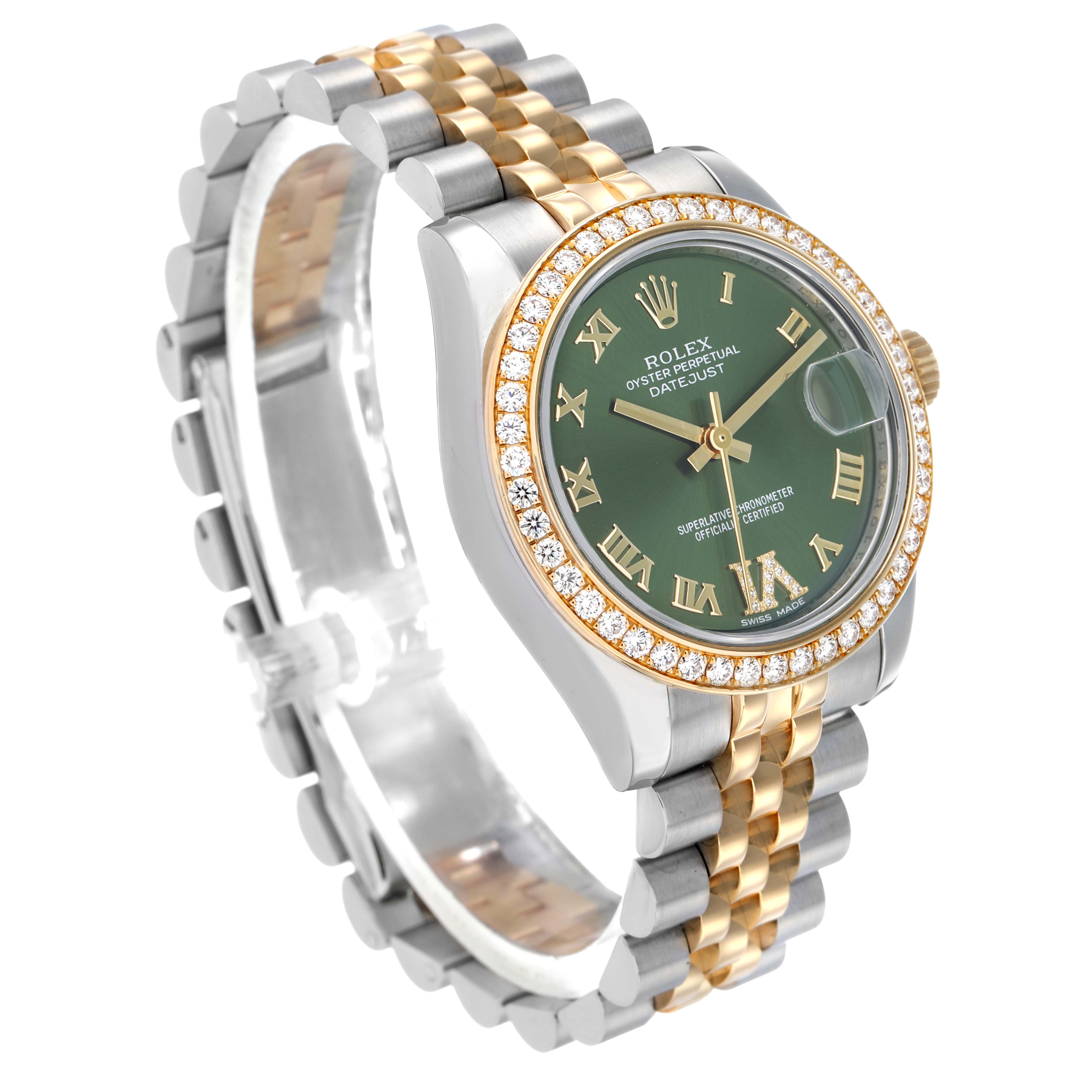 The Rolex Mid-Size 178383 Women's Steel and Gold (two tone) Green Dial watch is shown at an angle highlighting the green dial, gold Roman numerals, and the Jubilee bracelet.