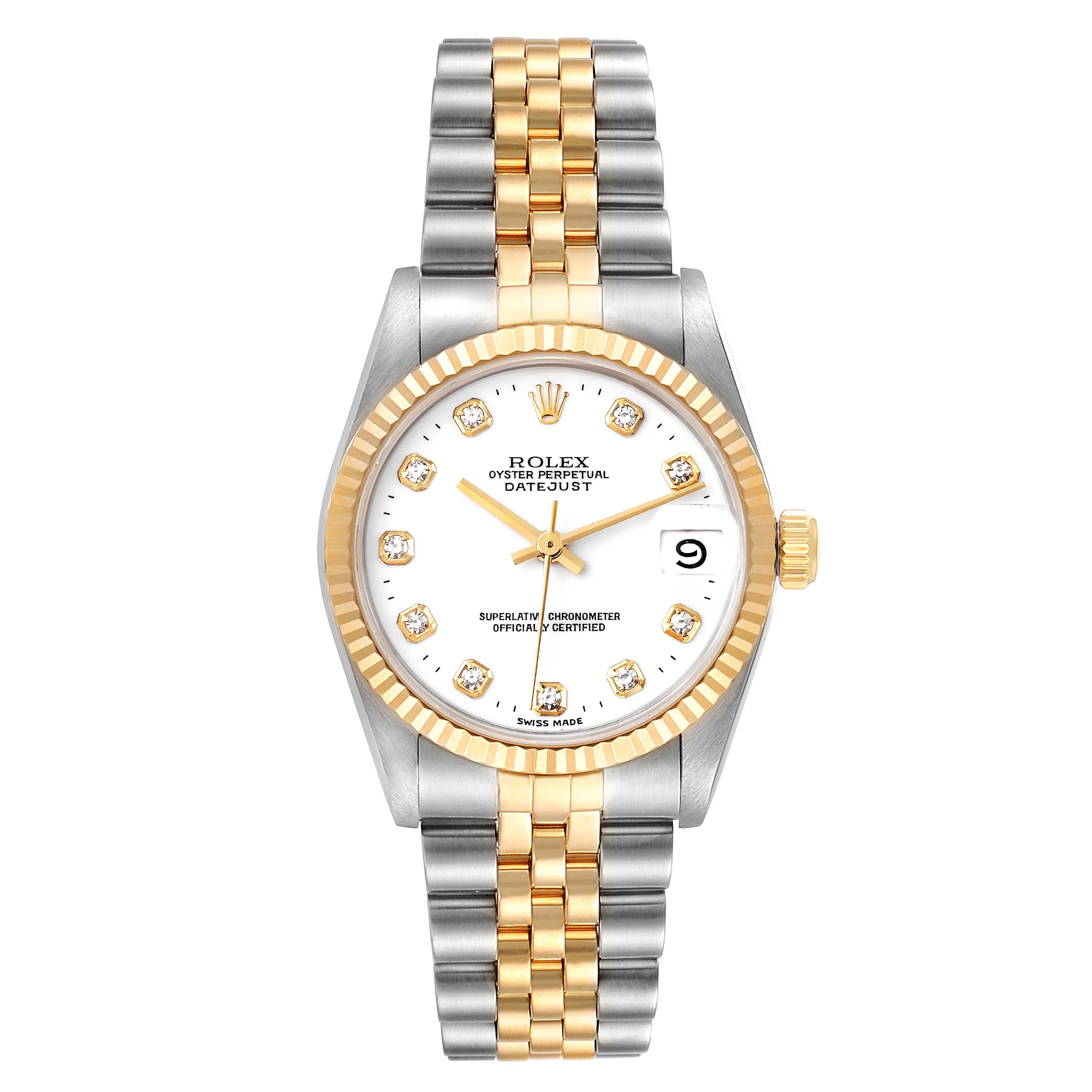 This image shows a front view of a mid-size Rolex Oyster Perpetual Datejust with a two-tone bracelet, white dial, and diamond hour markers.