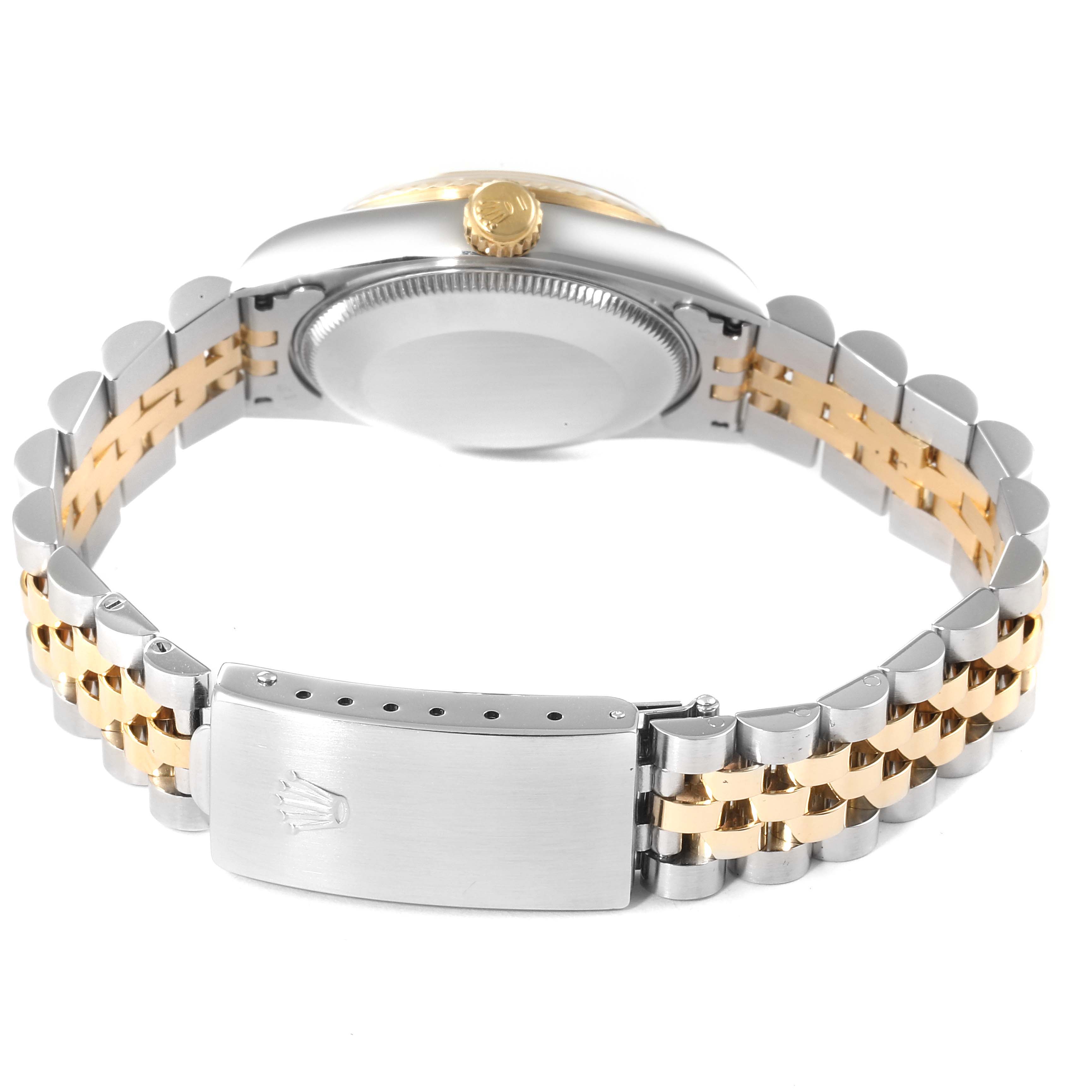 The image shows the back view of a Rolex Mid-Size 68273 Women
s Steel and Gold (two tone) White Dial 68273 Women
s Steel and Gold (two tone) White Dial watch, displaying its clasp, bracelet, and case back.