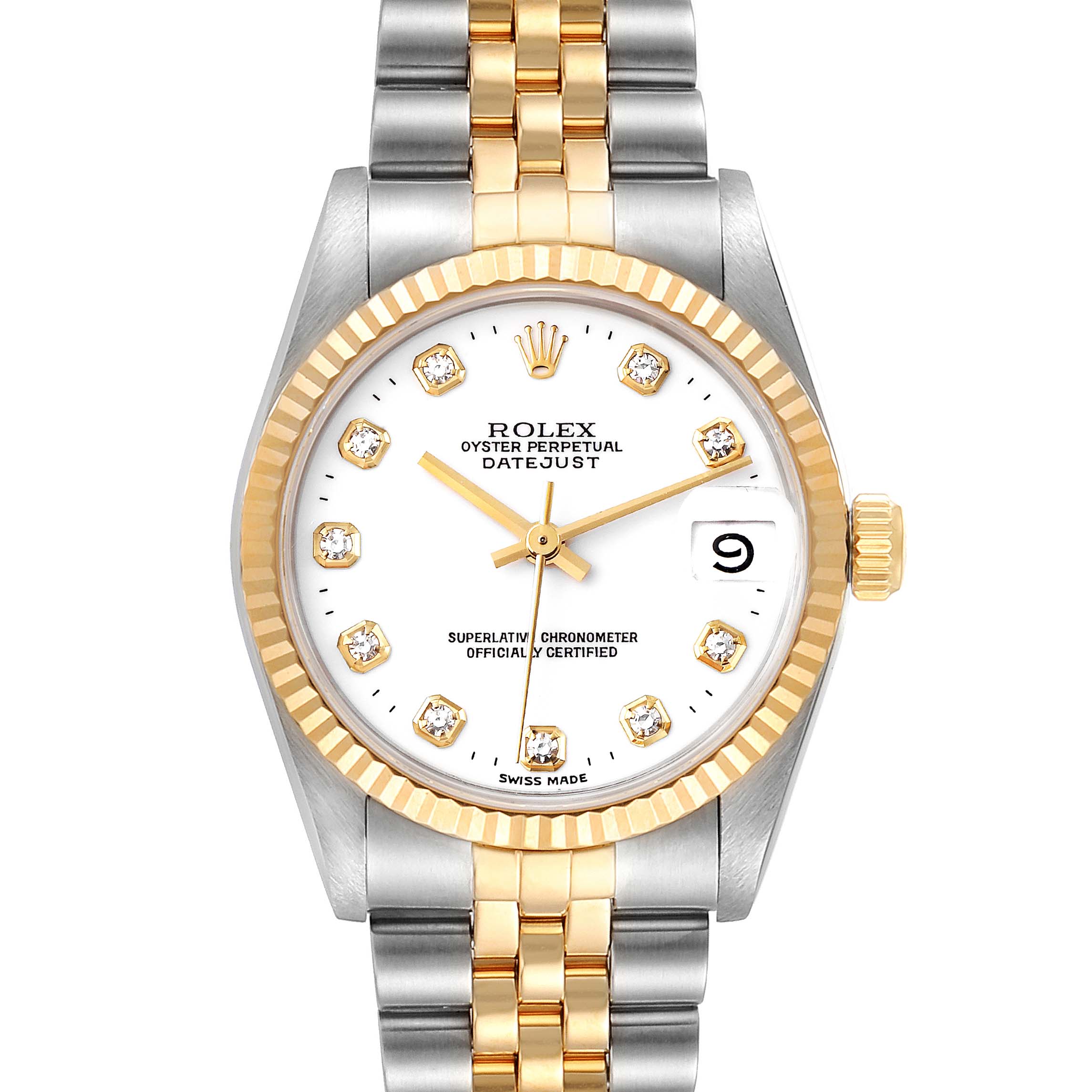 This image shows a front view of a mid-size Rolex Oyster Perpetual Datejust watch with a white dial and gold/steel bracelet.