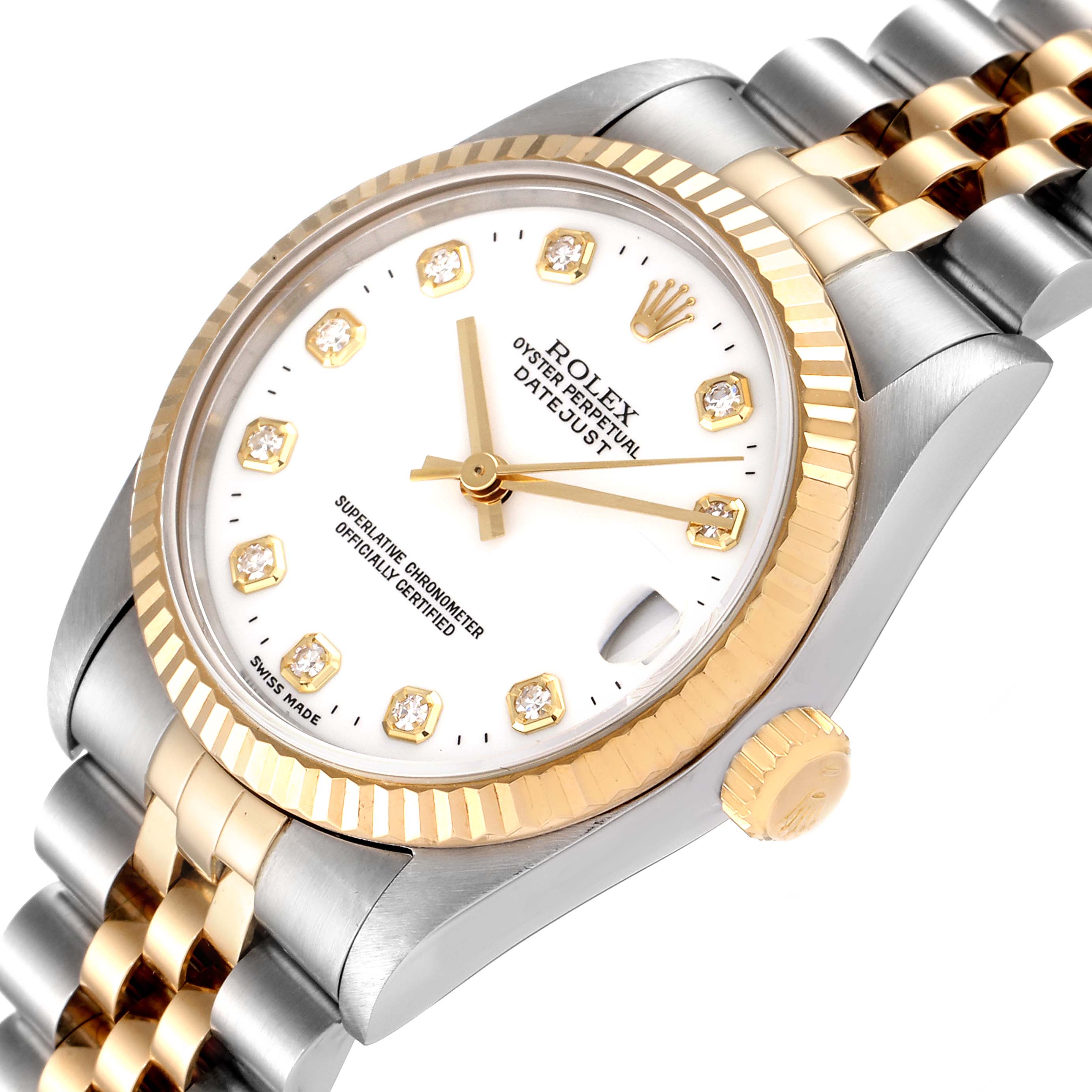 The Rolex Mid-Size 68273 Women
s Steel and Gold (two tone) White Dial 68273 Women
s Steel and Gold (two tone) White Dial Datejust watch is shown from an angled perspective highlighting the dial, bezel, and partial bracelet.