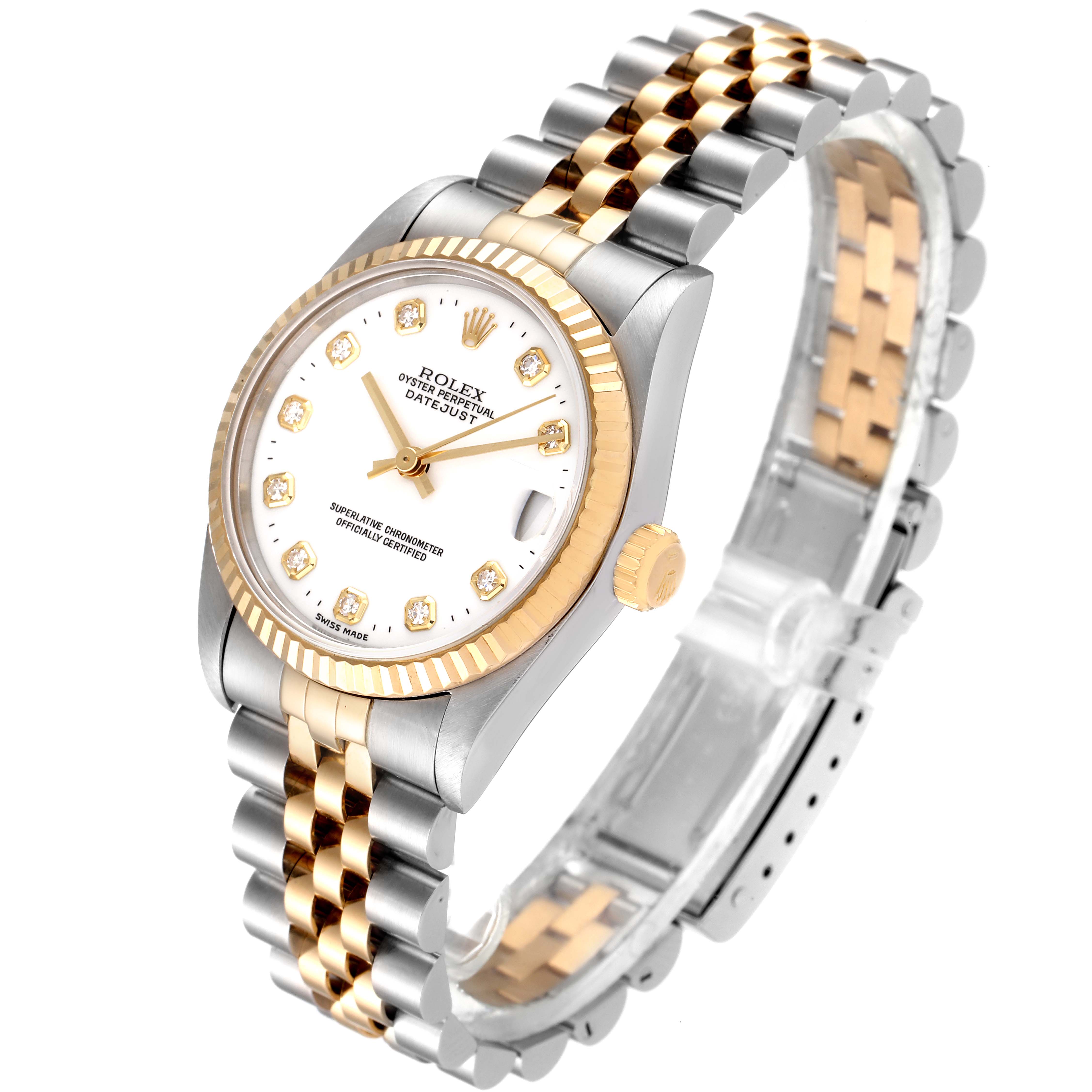 The Rolex Mid-Size 68273 Women
s Steel and Gold (two tone) White Dial 68273 Women
s Steel and Gold (two tone) White Dial watch is shown at an angled view highlighting the face, bezel, crown, and two-tone bracelet.