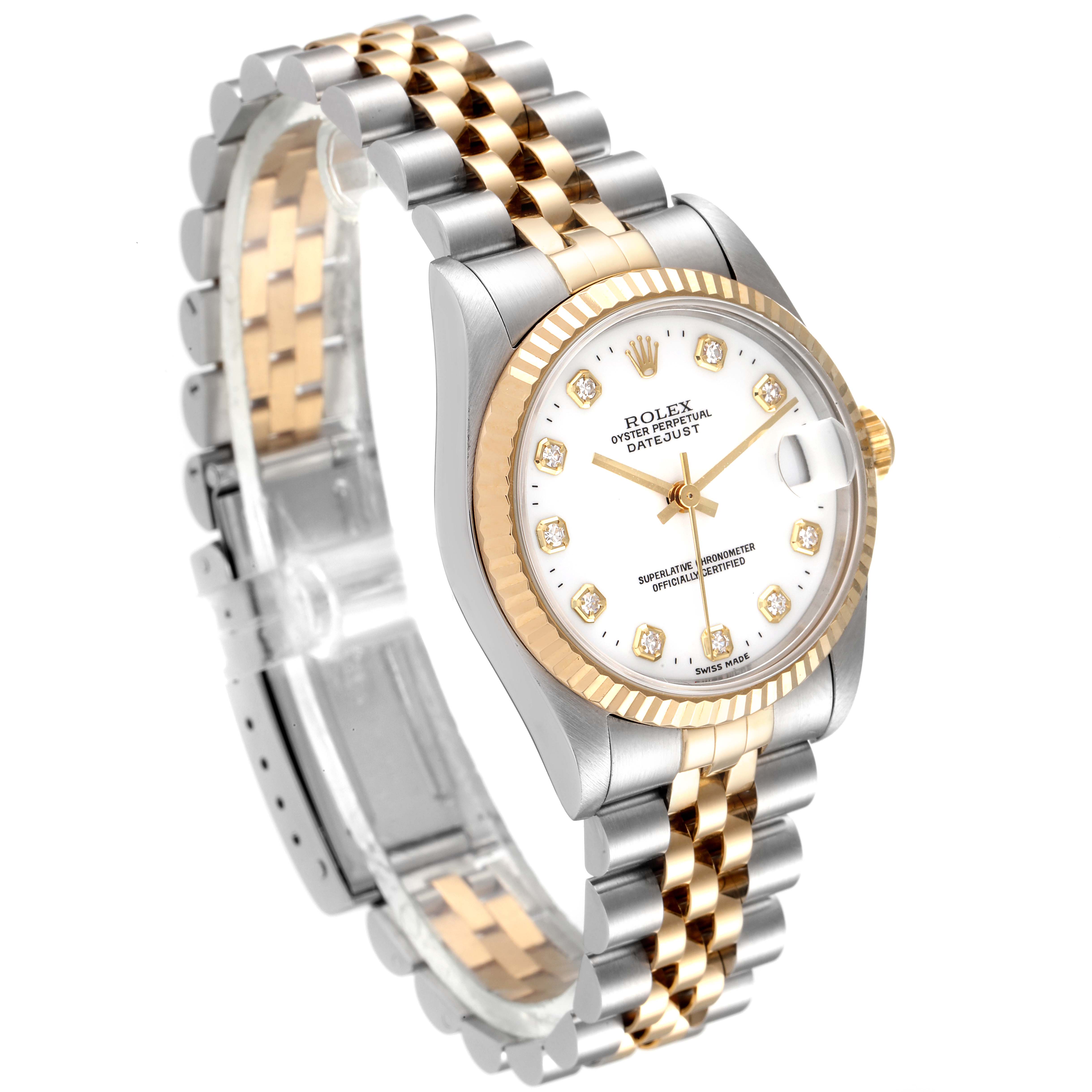 The image shows a Rolex Mid-Size 68273 Women
s Steel and Gold (two tone) White Dial 68273 Women
s Steel and Gold (two tone) White Dial Datejust watch angled to display the face, bezel, case, and two-tone bracelet.