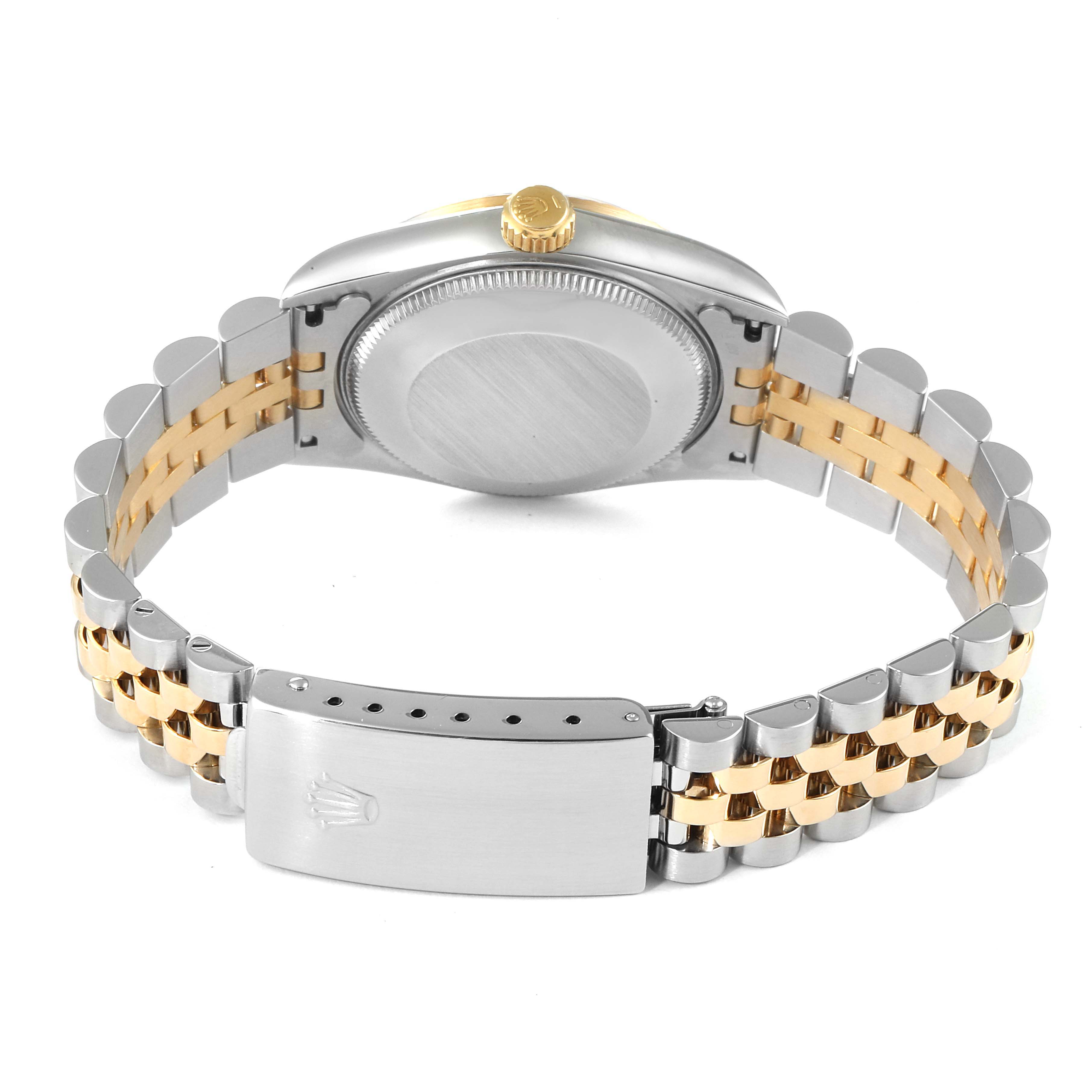 The image shows the back case and bracelet of a Mid-Size Rolex watch, highlighting the clasp and crown.