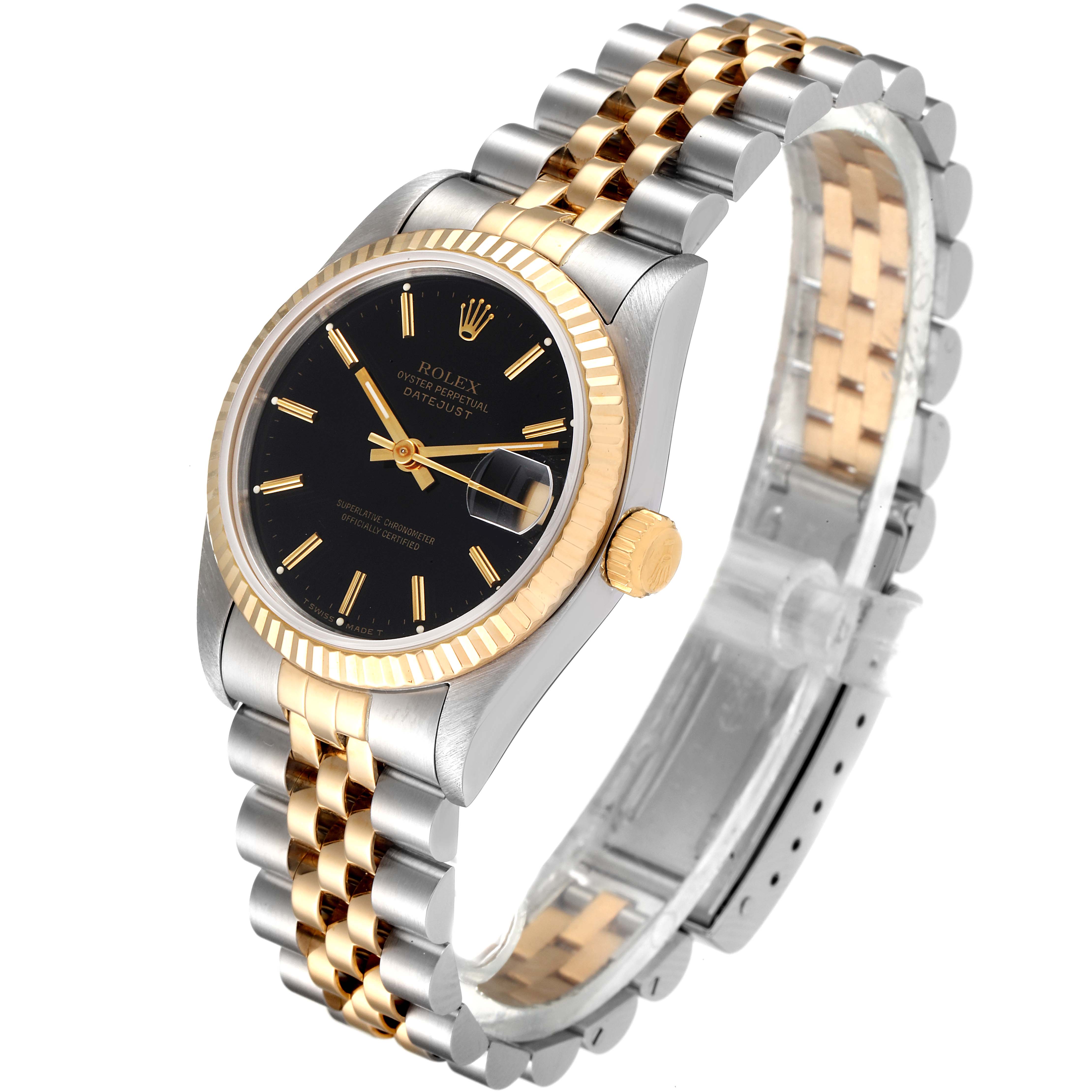 This image shows a Rolex Mid-Size 68273 Women
s Steel and Gold (two tone) Black Dial 68273 Women
s Steel and Gold (two tone) Black Dial Oyster Perpetual Datejust watch at an angled view, highlighting its black dial, gold bezel, and two-tone bracelet.