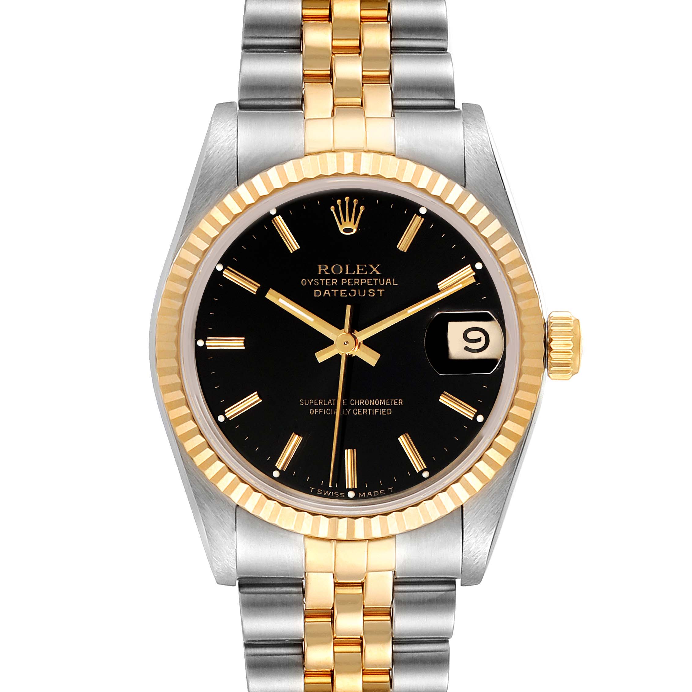 The image shows a front view of the Rolex Mid-Size 68273 Women
s Steel and Gold (two tone) Black Dial 68273 Women
s Steel and Gold (two tone) Black Dial Datejust watch, displaying its black dial, gold fluted bezel, and two-tone bracelet.