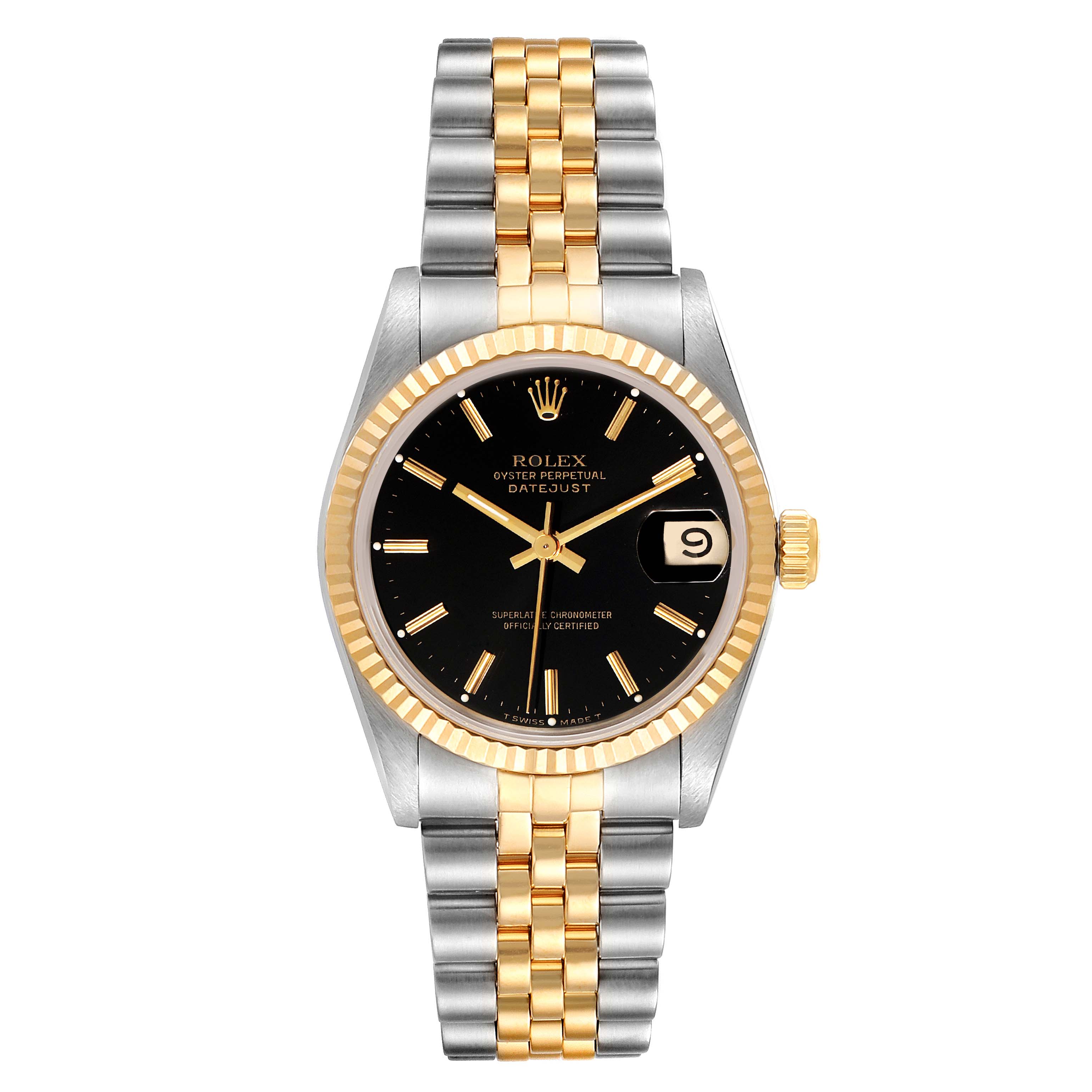 The image shows a front view of a Rolex Mid-Size 68273 Women
s Steel and Gold (two tone) Black Dial 68273 Women
s Steel and Gold (two tone) Black Dial Oyster Perpetual Datejust watch, showcasing the dial, bezel, and bracelet.
