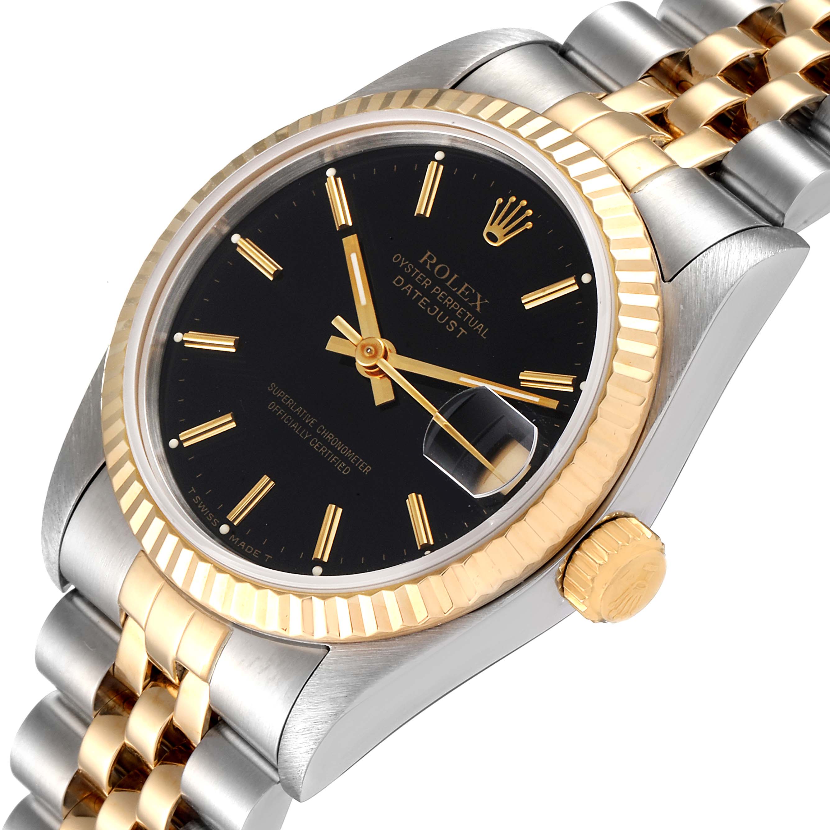 The Rolex Mid-Size 68273 Women
s Steel and Gold (two tone) Black Dial 68273 Women
s Steel and Gold (two tone) Black Dial Datejust watch is shown at a slight angle, highlighting the black dial, gold fluted bezel, and bi-tone bracelet.