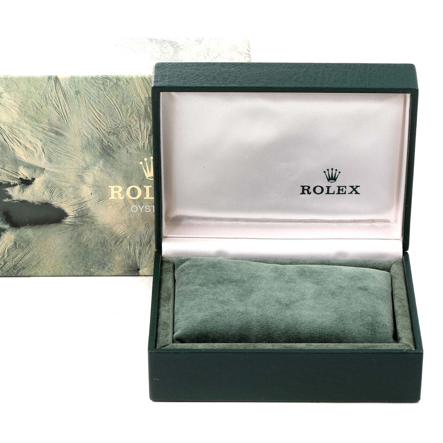 This image shows an open Rolex watch box for the Mid-Size model, featuring the green cushion and Rolex logo inside the lid.