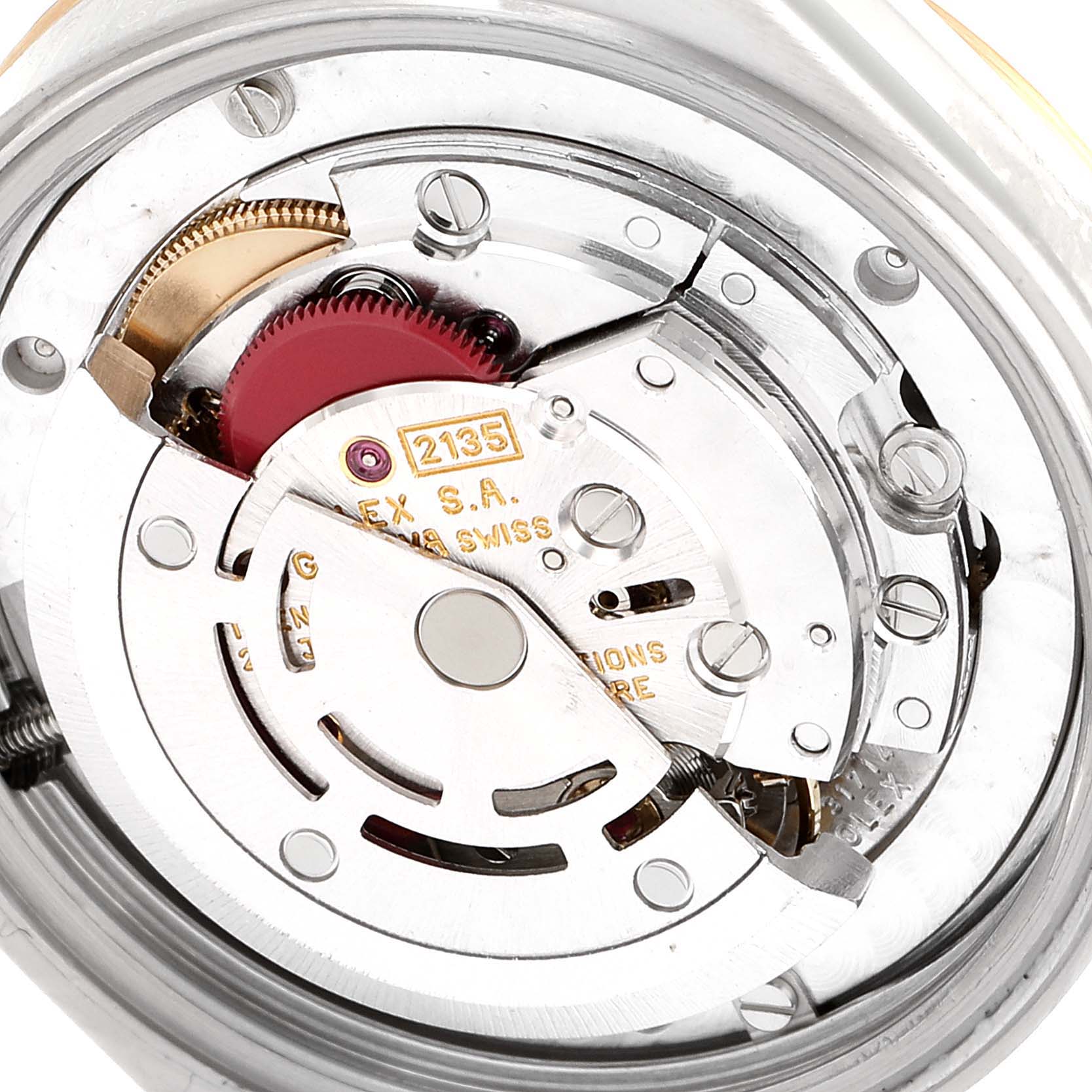 The image shows the internal mechanism of a Rolex Mid-Size 68273 Women
s Steel and Gold (two tone) Black Dial 68273 Women
s Steel and Gold (two tone) Black Dial model watch, viewed from the back.