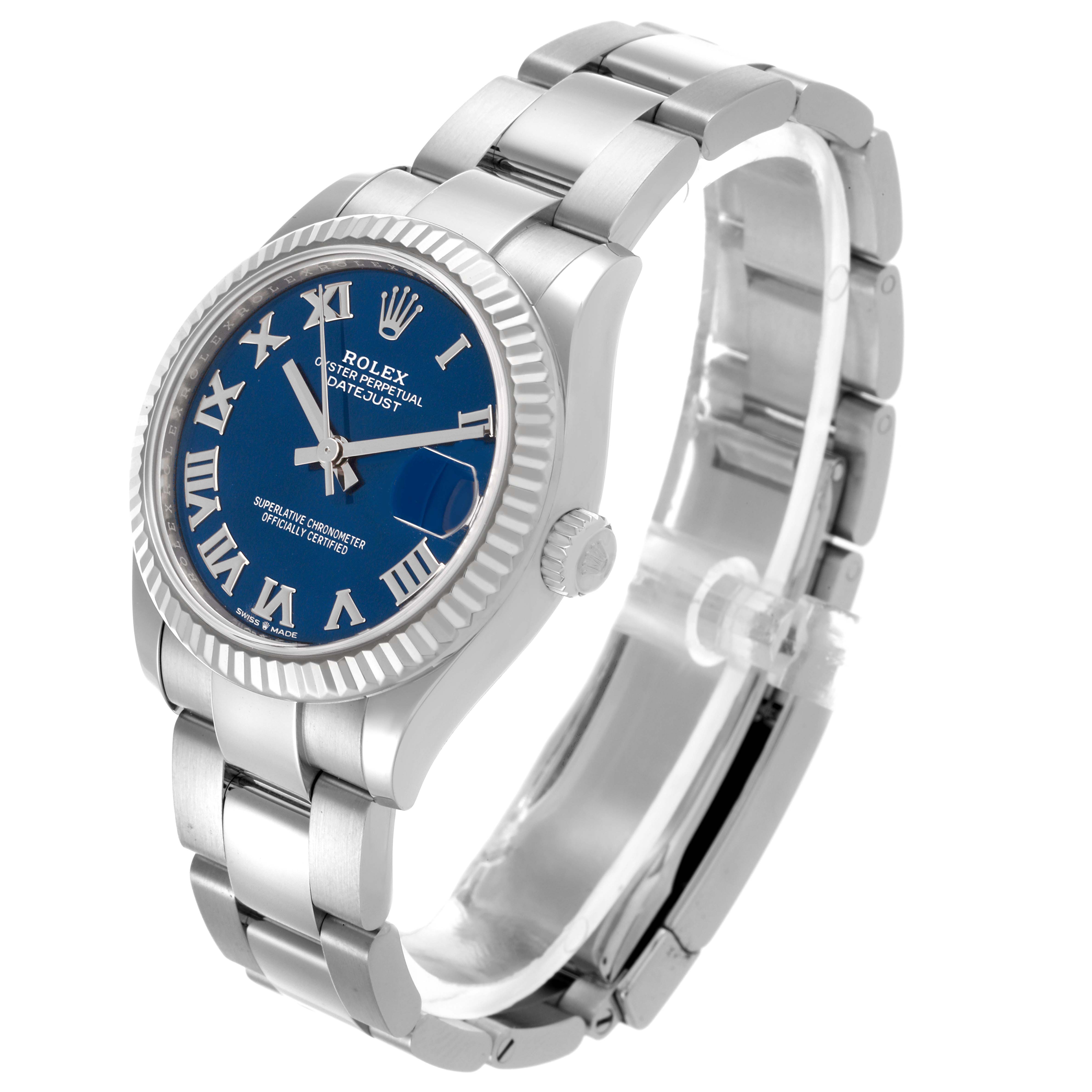 The Rolex Mid-Size 278274 Women's Stainless Steel Blue Dial 278274 Women's Stainless Steel Blue Dial watch is shown at a slight angle, highlighting the face, bezel, and bracelet.