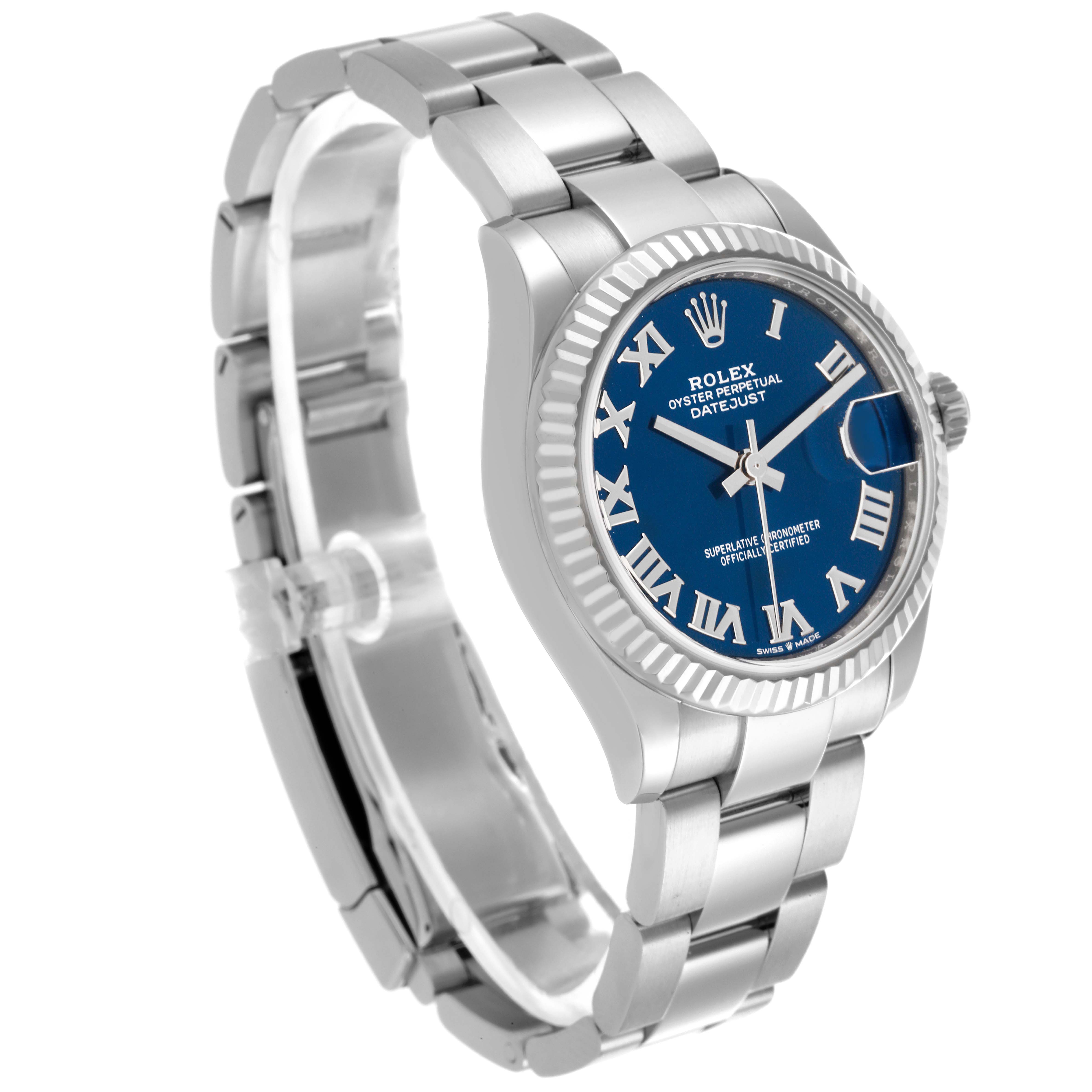 The Rolex Mid-Size 278274 Women's Stainless Steel Blue Dial 278274 Women's Stainless Steel Blue Dial Datejust watch is shown at a slight angle, displaying its face, bezel, and bracelet.